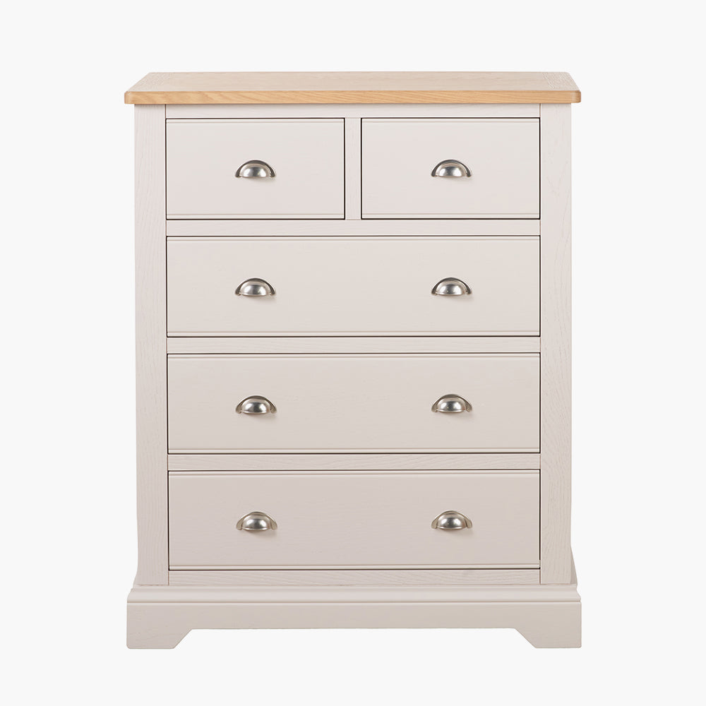 Fairford Parchment White Pine and Oak Wood 5 Drawer Unit