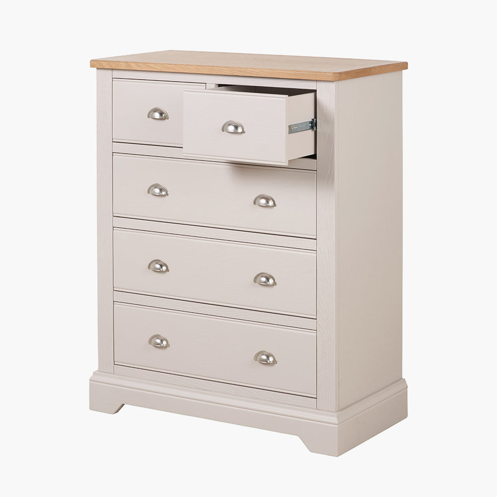 Fairford Parchment White Pine and Oak Wood 5 Drawer Unit