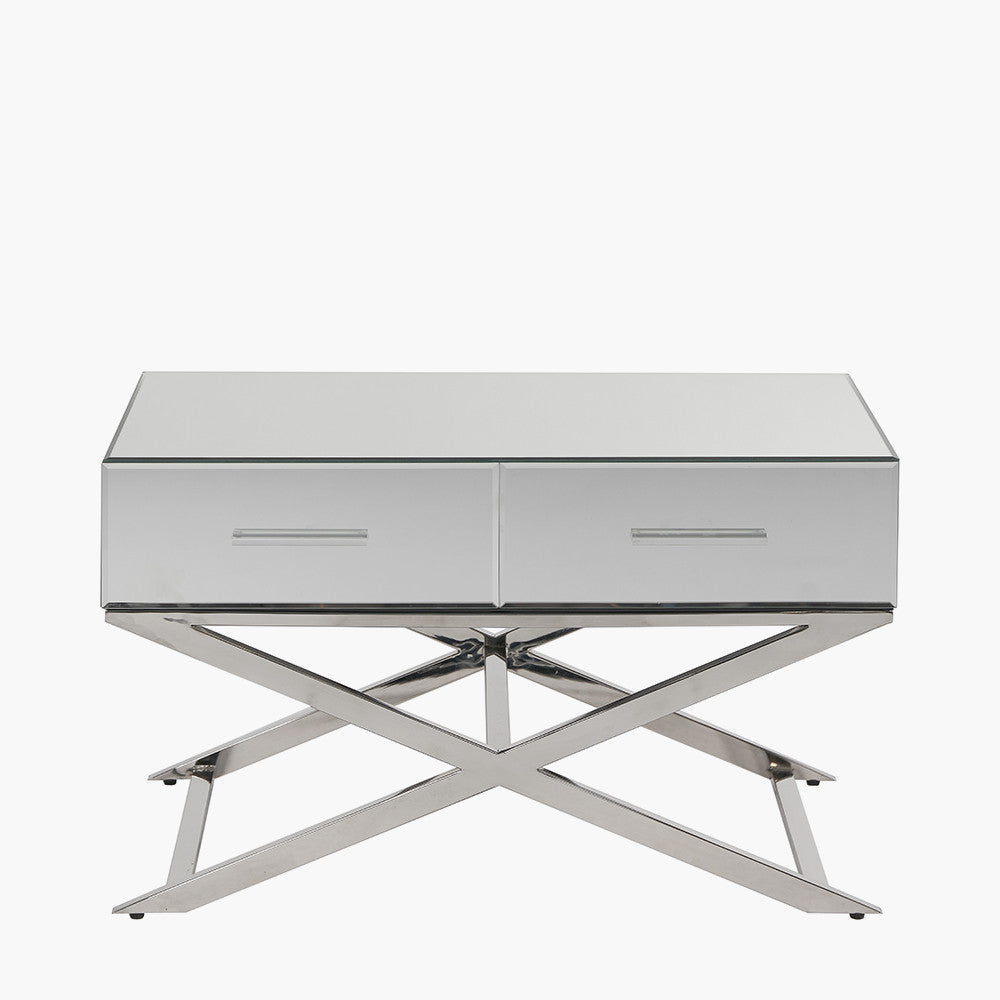 Rocco Mirrored Glass and Silver Metal Coffee Table
