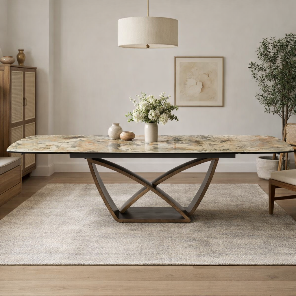 Lavish Extending Dining Table Matt Ivory & Emerald Vein Italian Ceramic