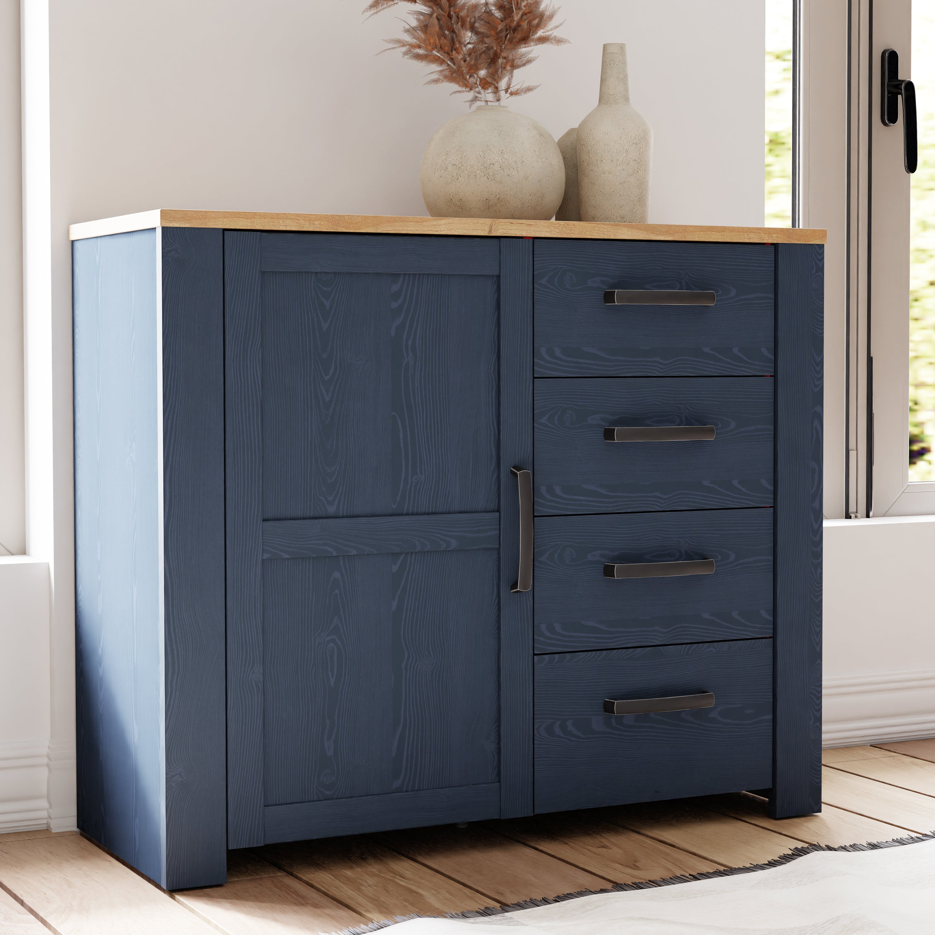 Bohol 1 Door 4 Drawer Chest in Riviera Oak/Navy