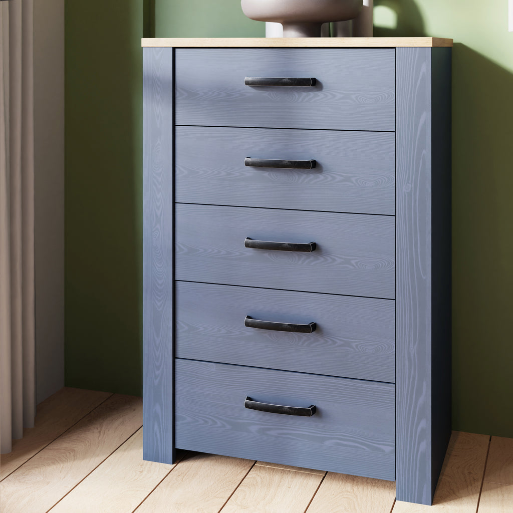 Bohol 5 Drawer Narrow Chest in Riviera Oak/Navy