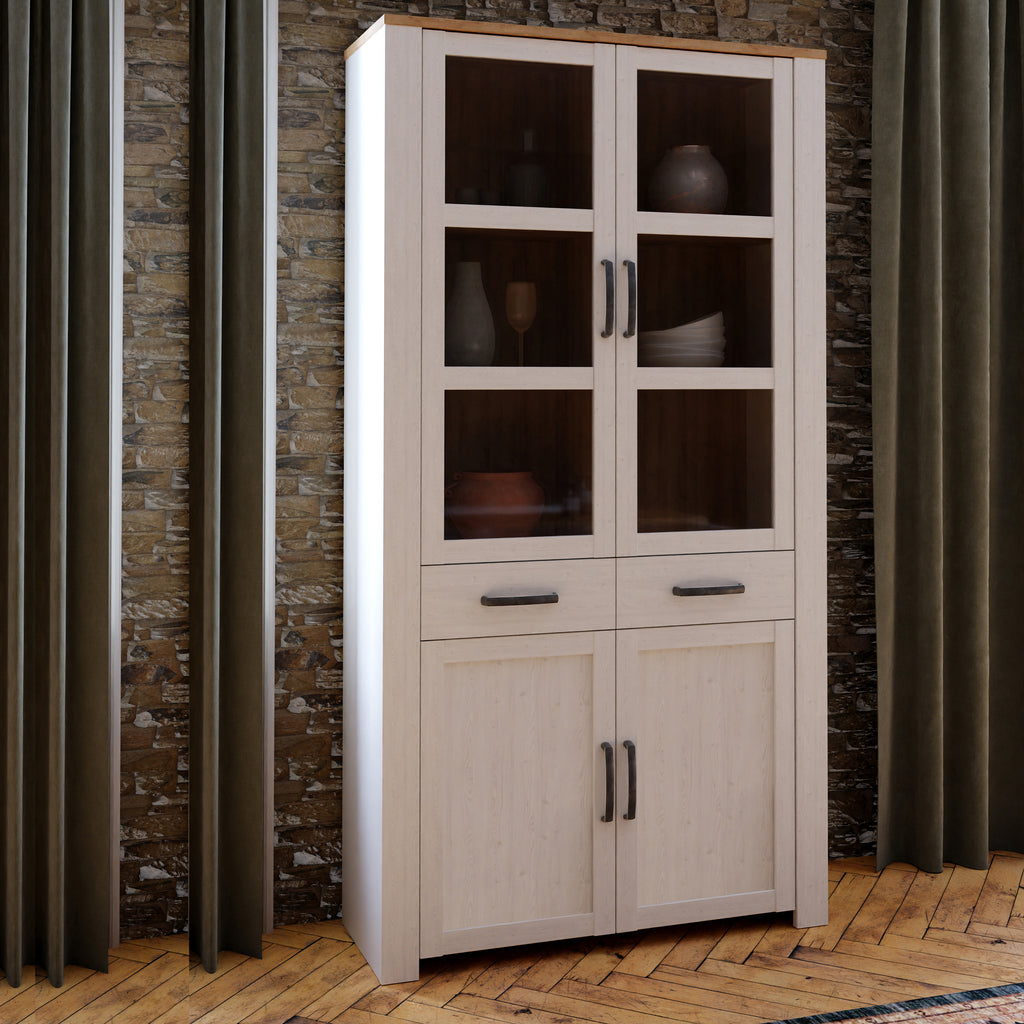 Bohol Display Cabinet 4 Door 1 Drawer in Oak/White