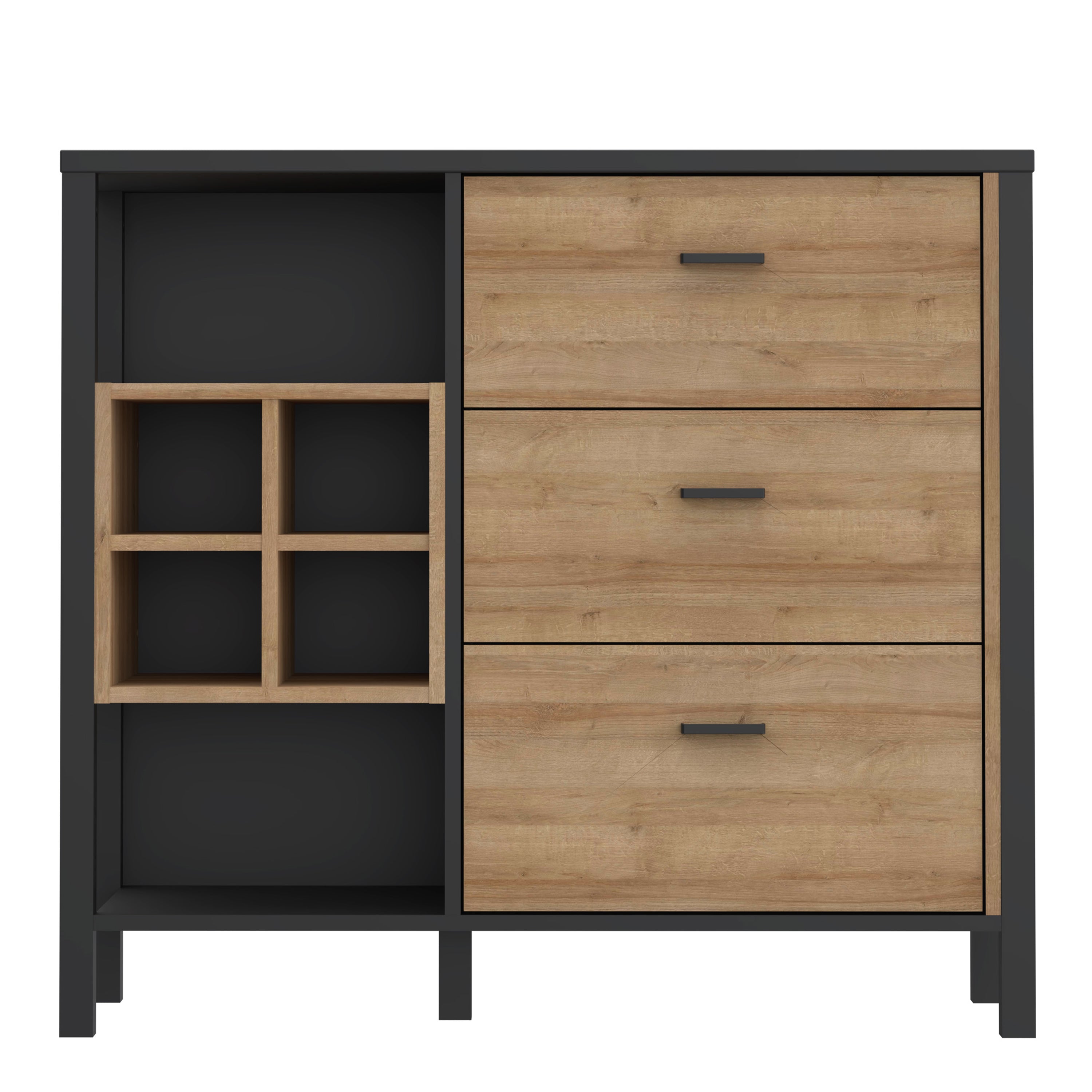 High Rock 3 Drawer Display Chest in Matt Black/Riviera Oak