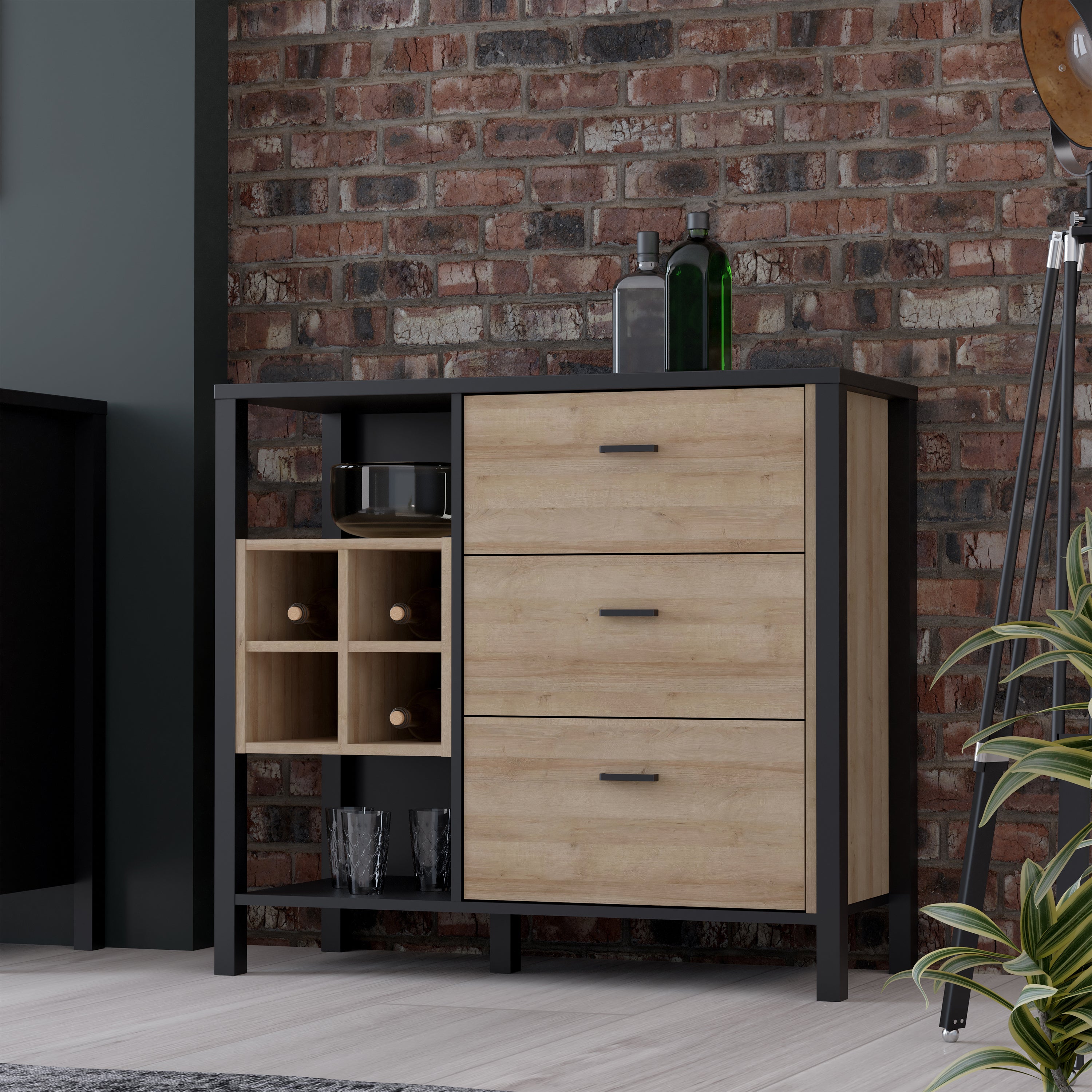High Rock 3 Drawer Display Chest in Matt Black/Riviera Oak