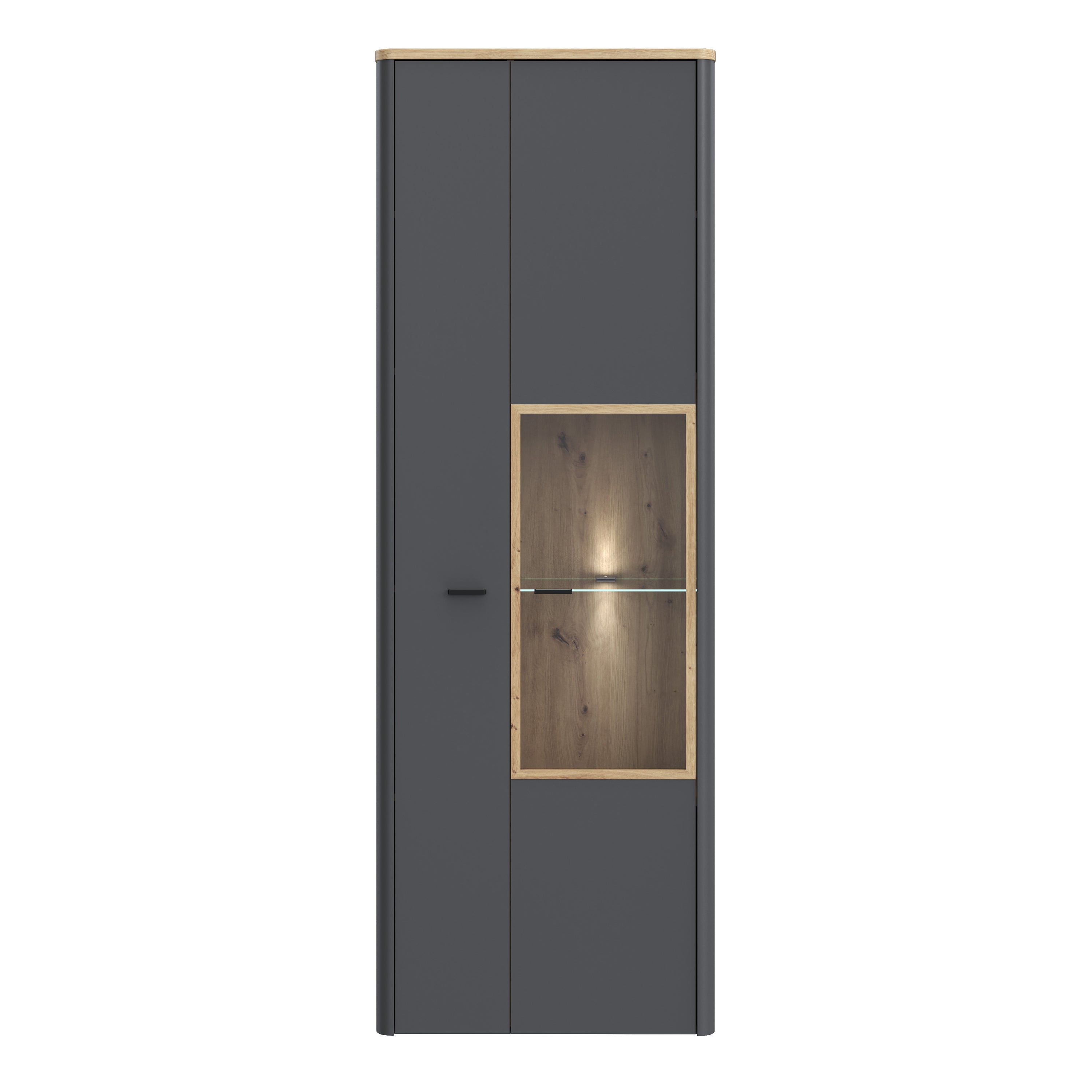 Klara Display Cabinet with 1 Door  and 1 Glass Door in Grey and Oak inc LED Lighting