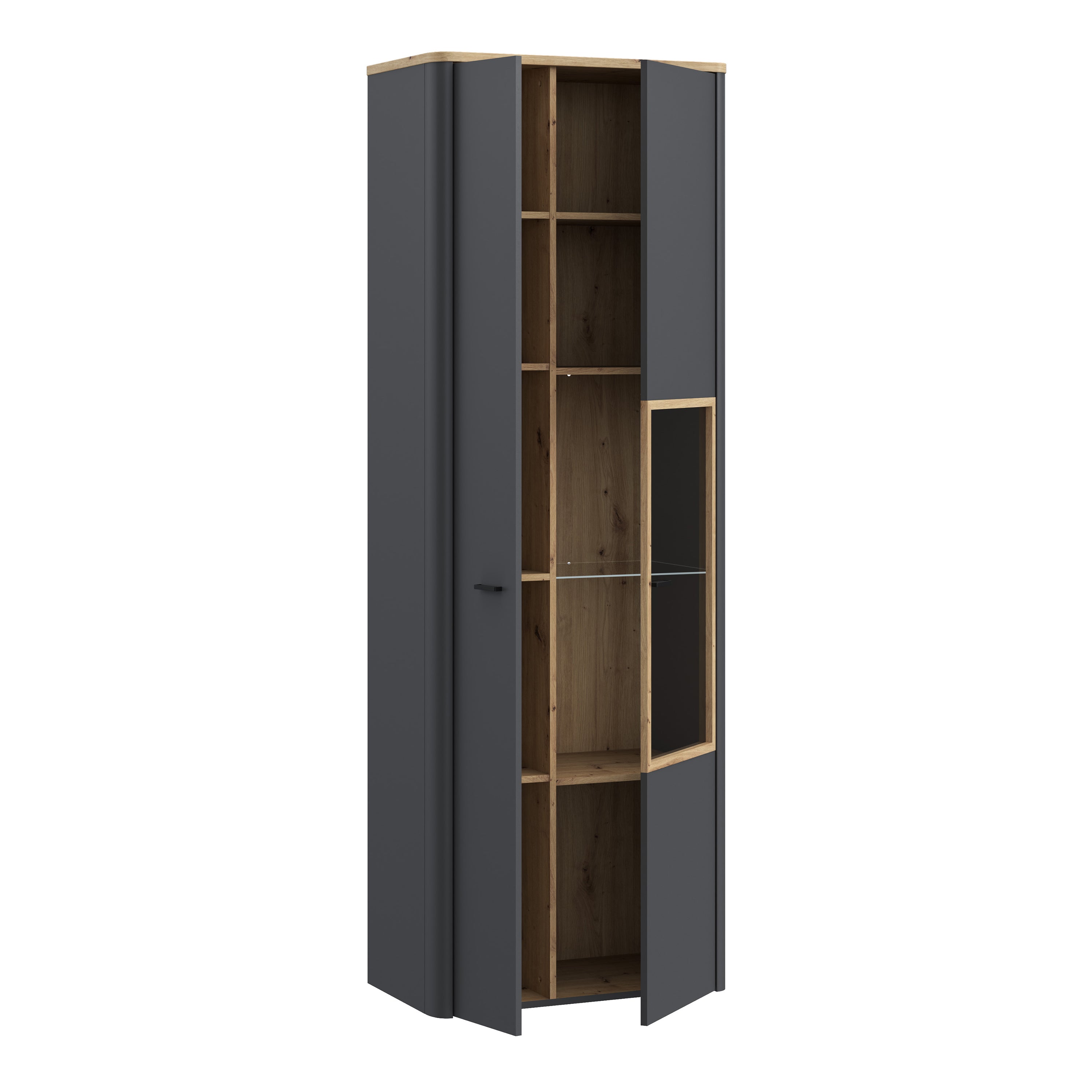 Klara Display Cabinet with 1 Door  and 1 Glass Door in Grey and Oak inc LED Lighting