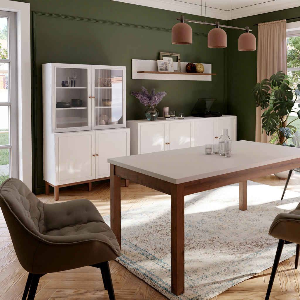 Wensley Display Cabinet with 2 Doors and 2 Glass Doors in Light Grey and Oak inc LED Lighting