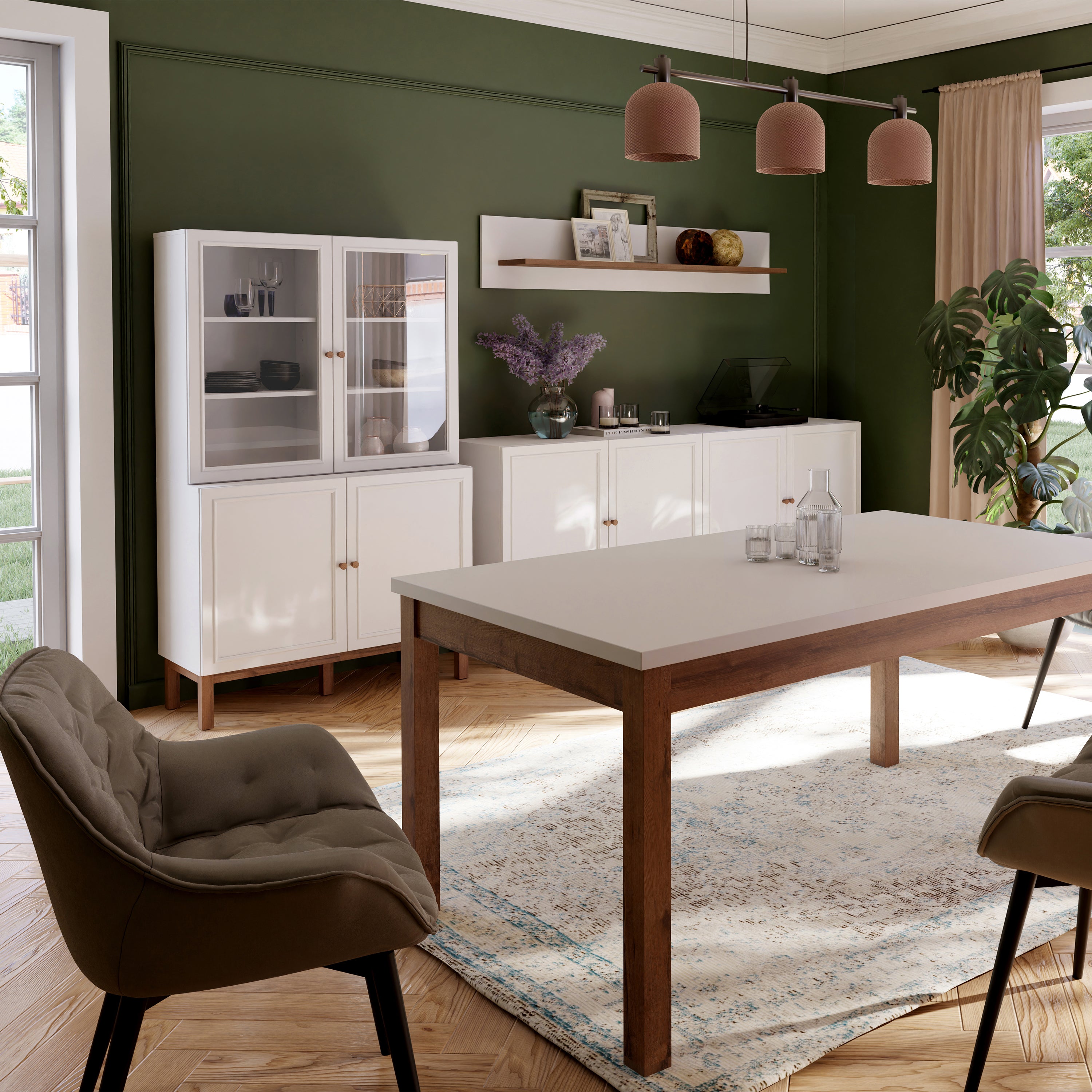 Wensley Display Cabinet with 2 Doors and 2 Glass Doors in Light Grey and Oak inc LED Lighting