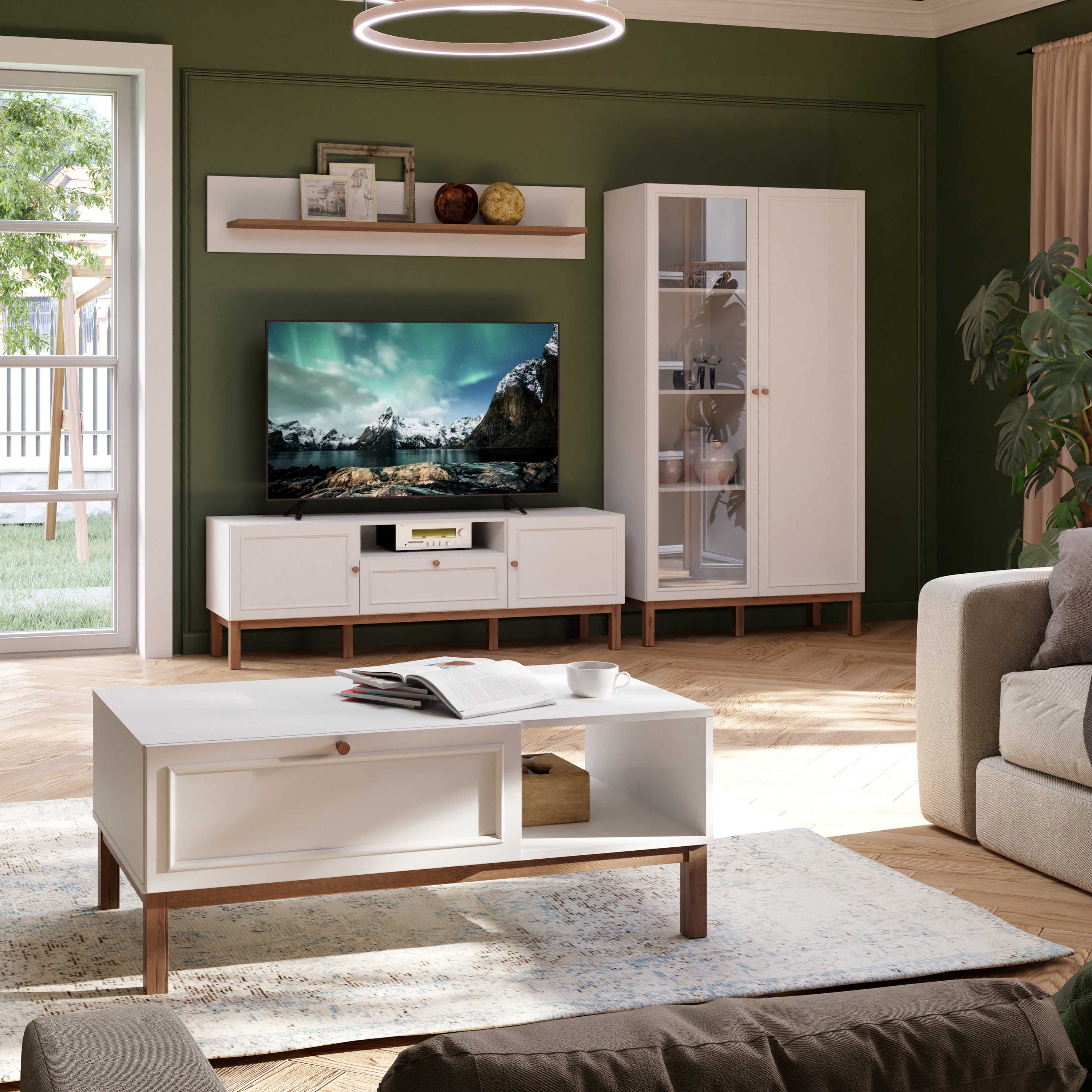 Wensley Display Cabinet with 1 Door and  1 Glass Door in Light Grey and Oak