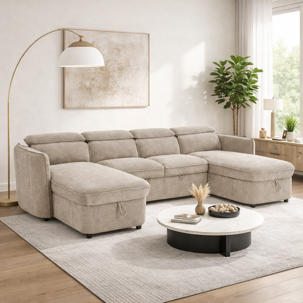 Capri Sofabed U shape Corner Sofa Bed Beige With Adjustable Headrests Morgan | Malvern | Somerford | Calix | Euphoria | Plush Style