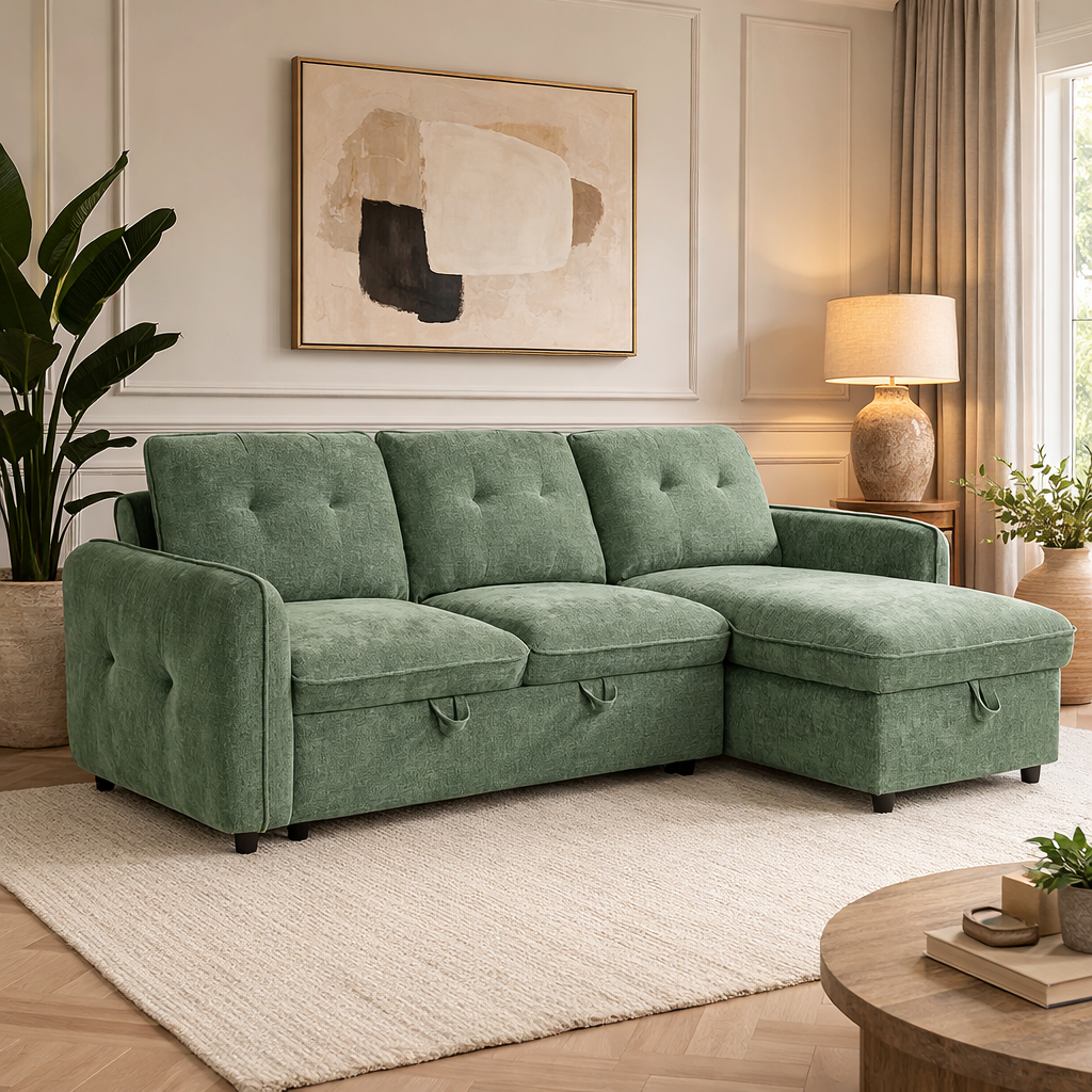 Moscow Universal L Shape Corner Sofa Bed Green With Ottoman Storage Eastley | Kip | Quercioli | Barete | Metropolitan | Portobello | Aissa Style