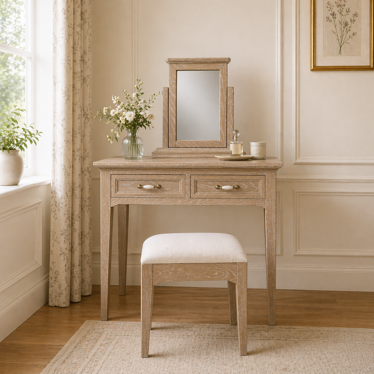 Ennis Oak & Ash 2 Drawer Dressing Table, Stool & Mirror Set