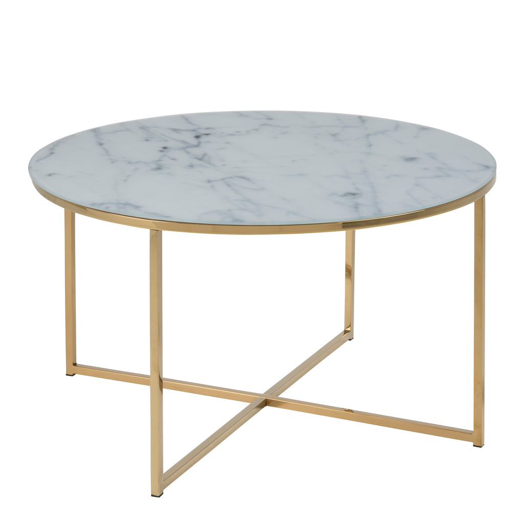 Alisma Round Coffee Table with White Crystal Clear Marble Glass Top & Gold Legs