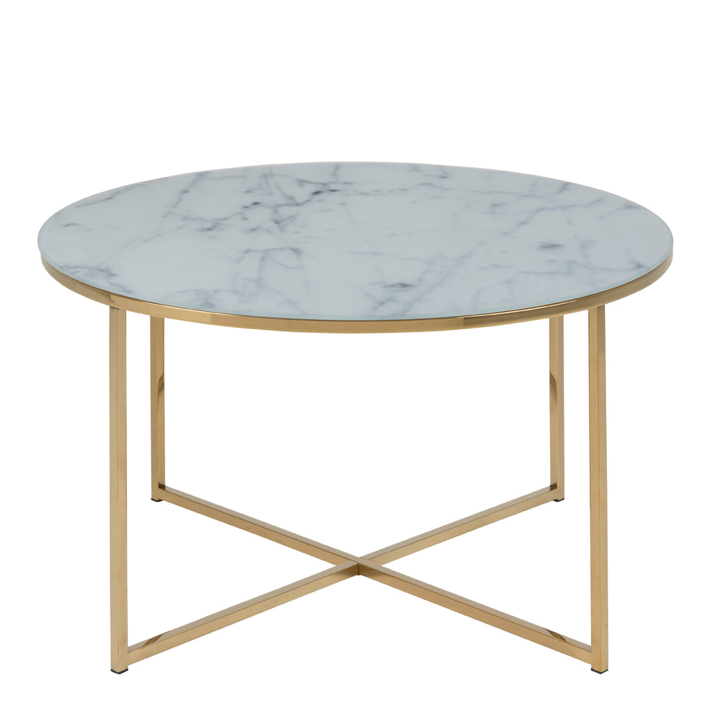 Alisma Round Coffee Table with White Crystal Clear Marble Glass Top & Gold Legs