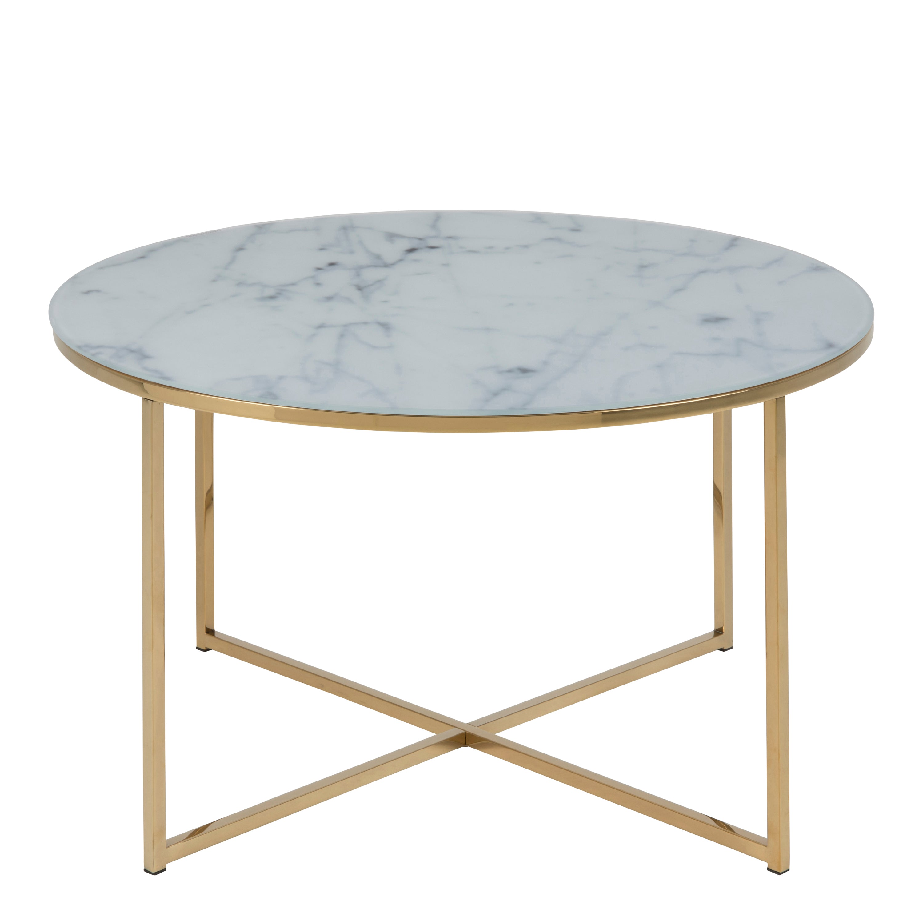 Alisma Round Coffee Table with White Crystal Clear Marble Glass Top & Gold Legs