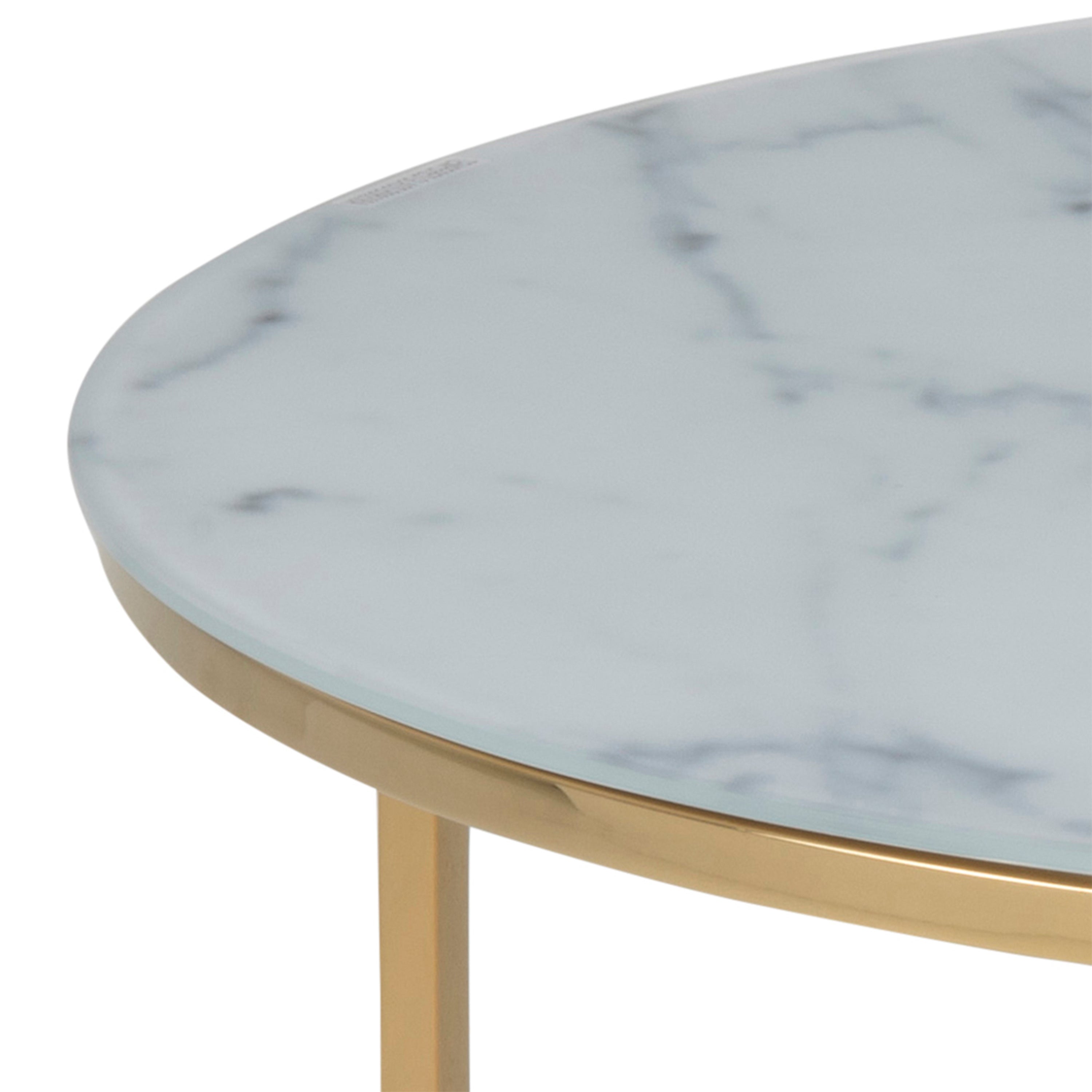 Alisma Round Coffee Table with White Crystal Clear Marble Glass Top & Gold Legs