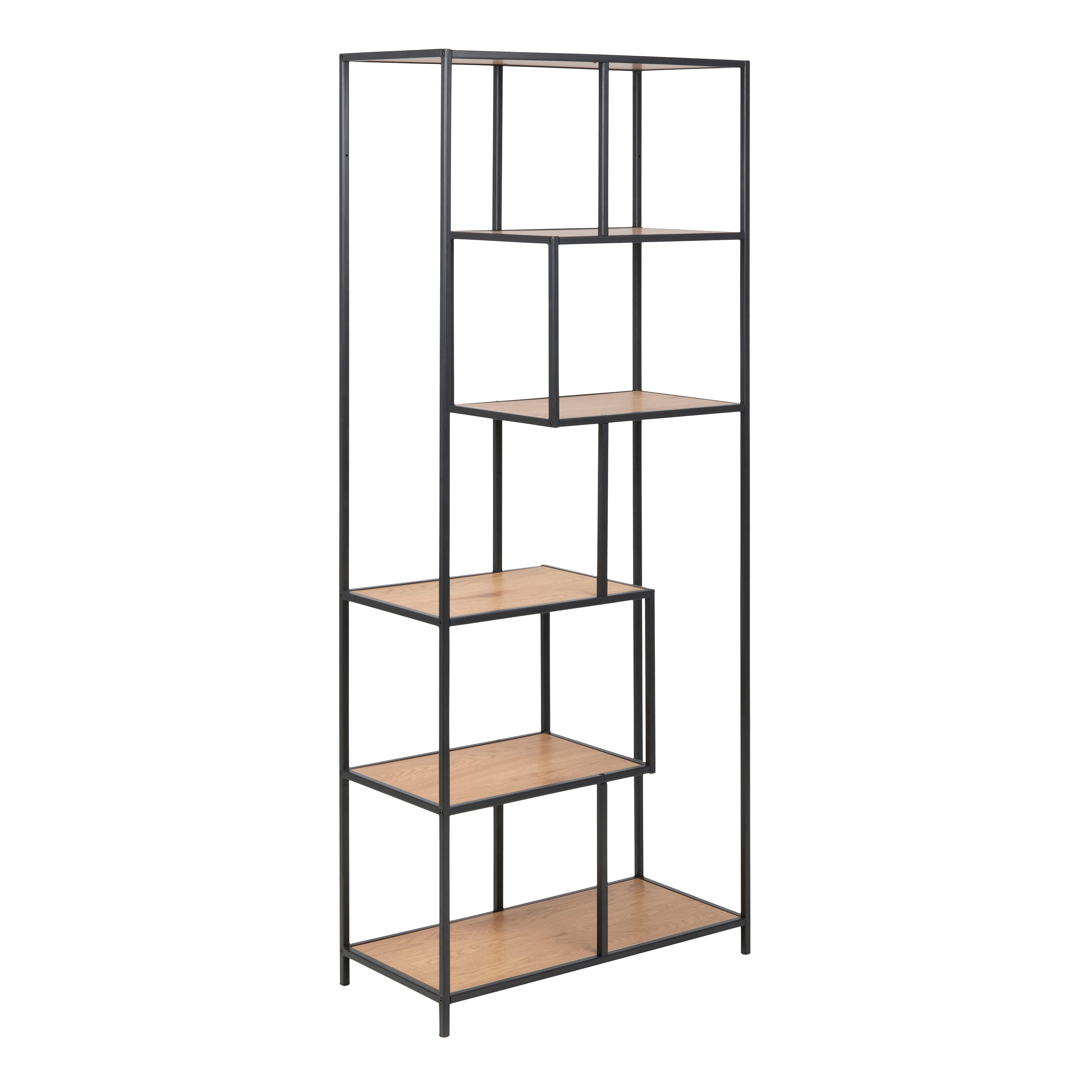 Seaford Tall Black Metal Bookcase with 5 Oak Shelves