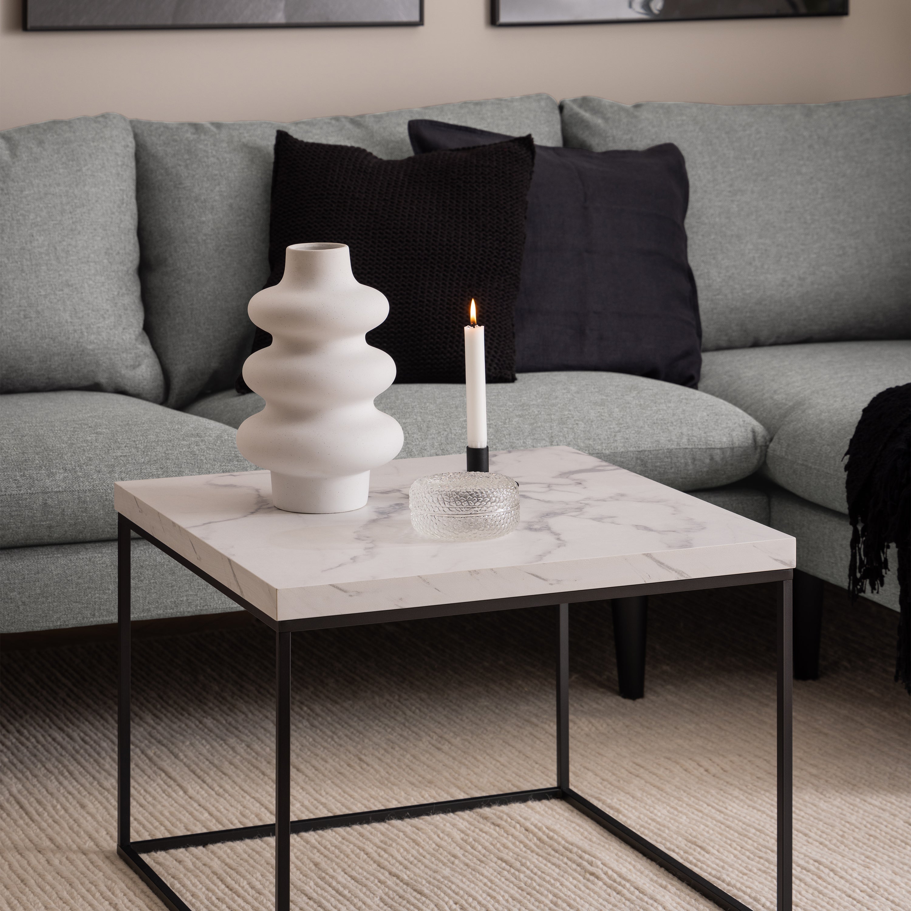 Barossa Coffee Table with White Marble Carrara Top & Black Steel Base 60cm