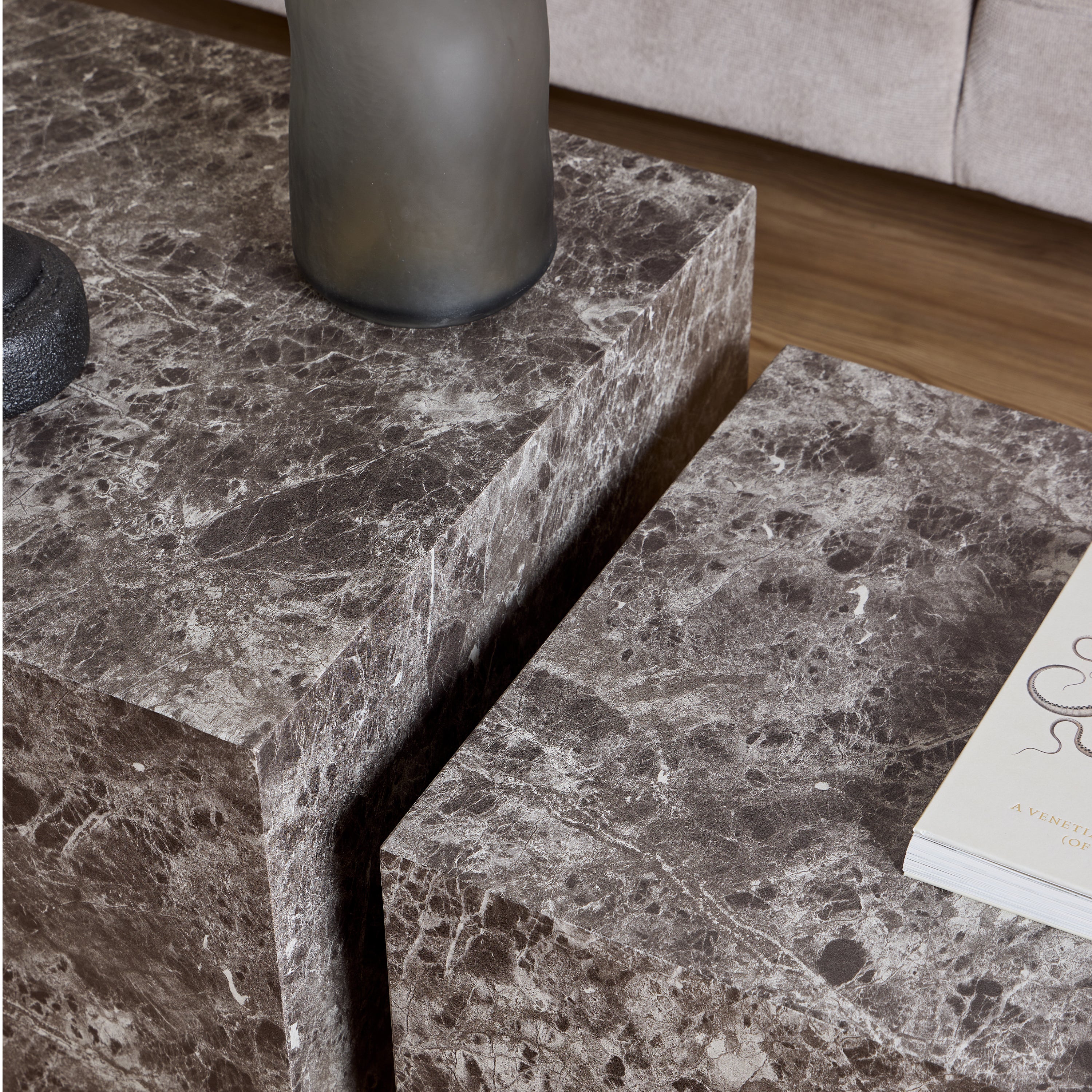 Dice Square Coffee Table Set in Light Brown Emperador Rough Paper