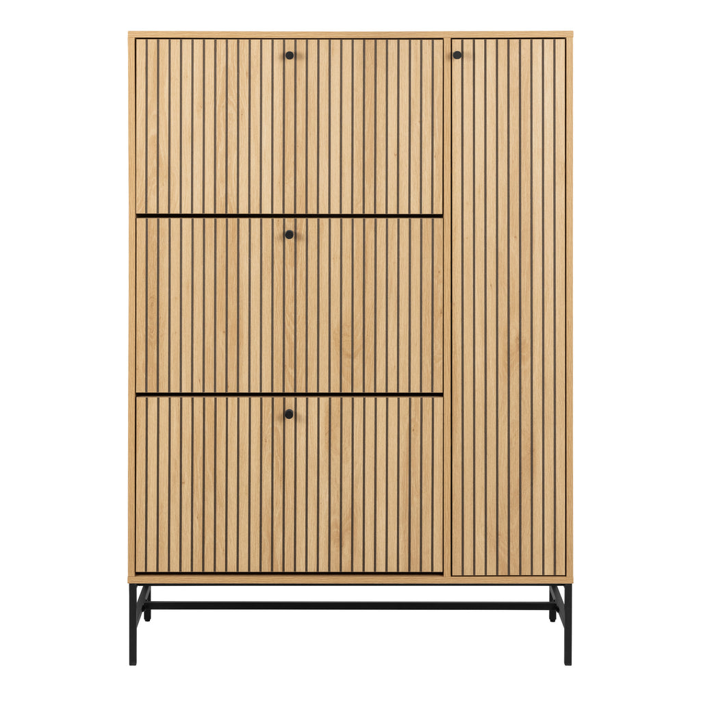 Albany Shoe Cabinet 3 Flip Down Doors 1 Pull Open Door in Oak/Black Legs