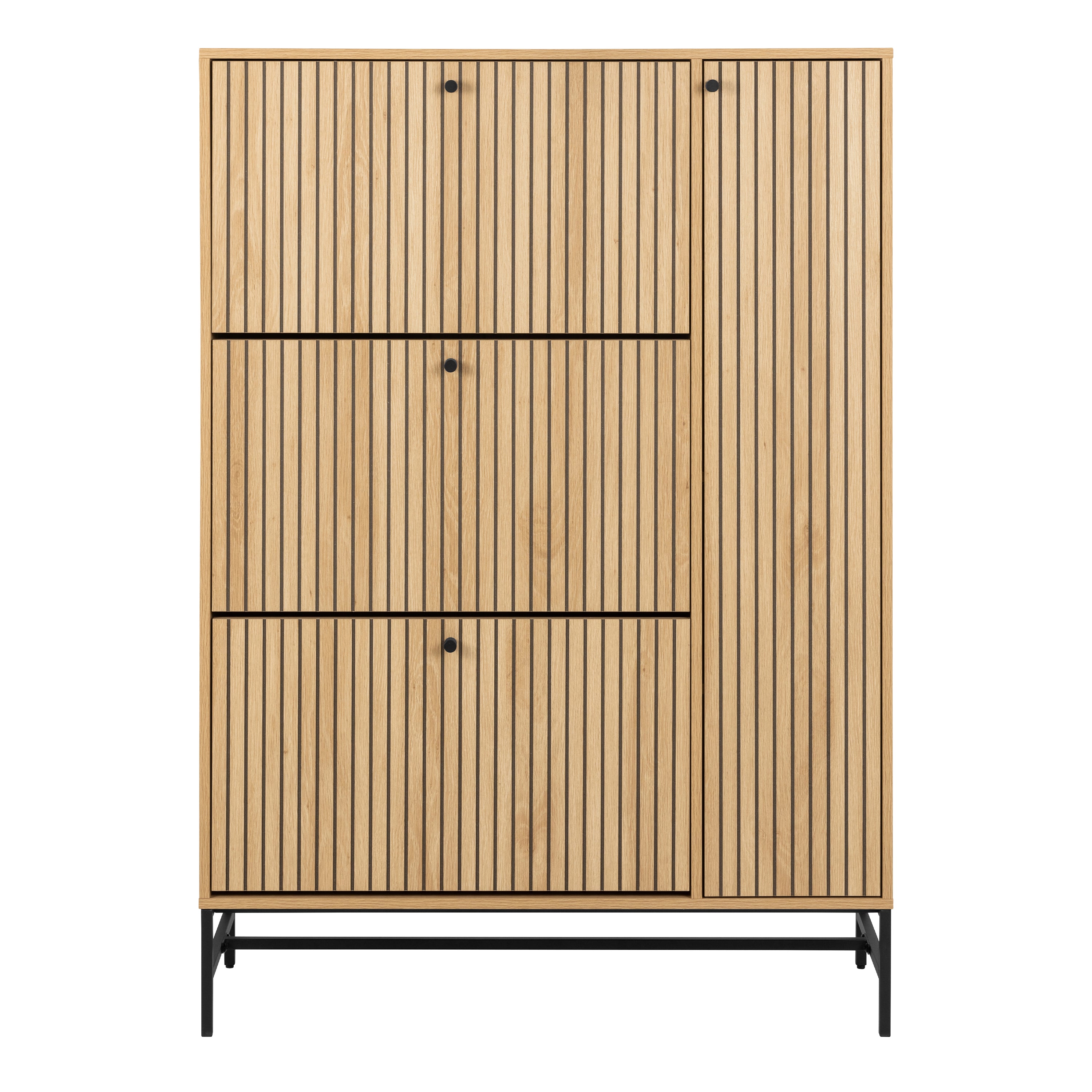 Albany Shoe Cabinet 3 Flip Down Doors 1 Pull Open Door in Oak/Black Legs