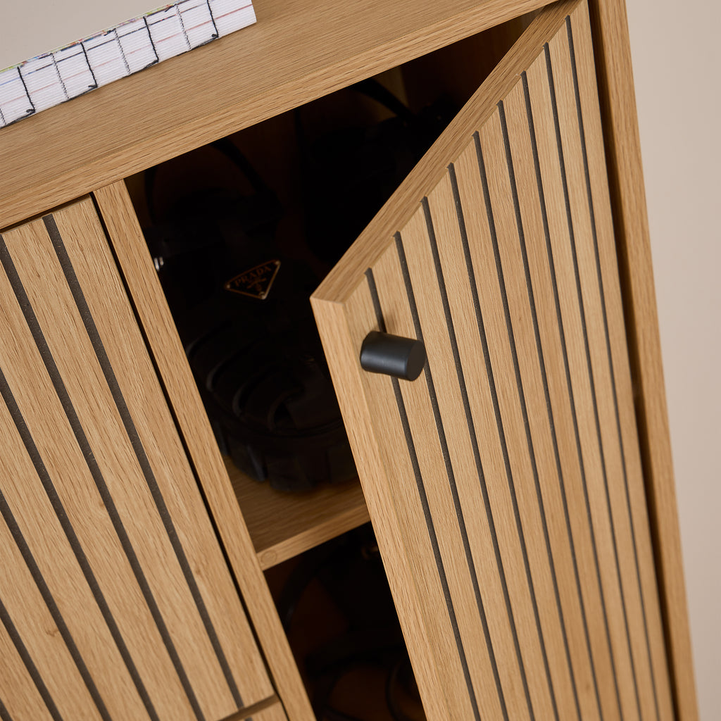 Albany Shoe Cabinet 3 Flip Down Doors 1 Pull Open Door in Oak/Black Legs