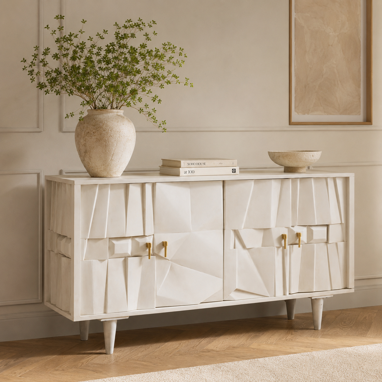 Sita Four Door Whitewash Mango Wood Abstract Sideboard