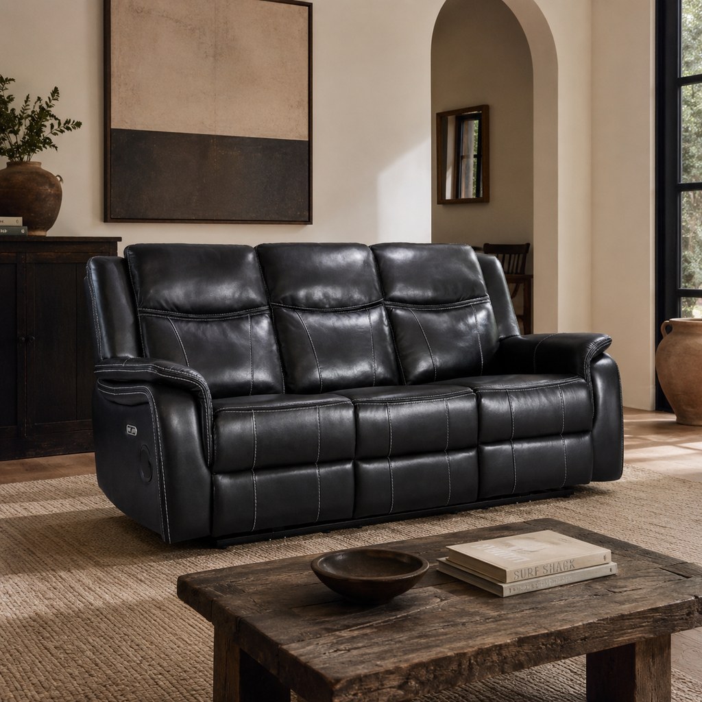 Galaxy Tech Power Reclining 3 Seater Sofa Black Leather