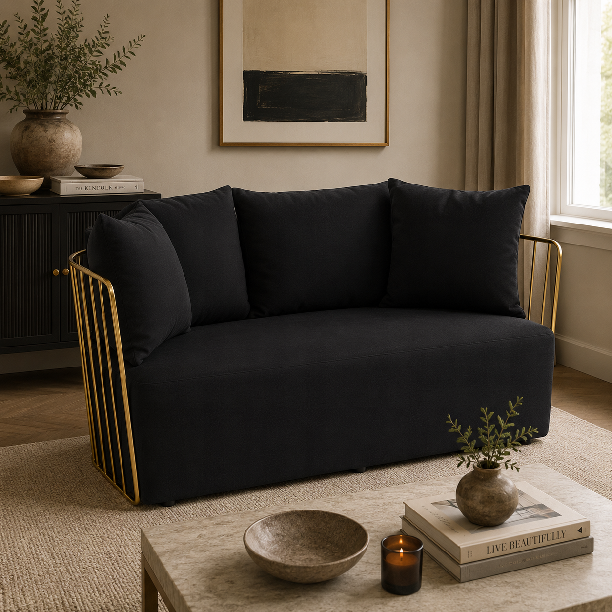 Azalea Two Seat Black Fabric Sofa