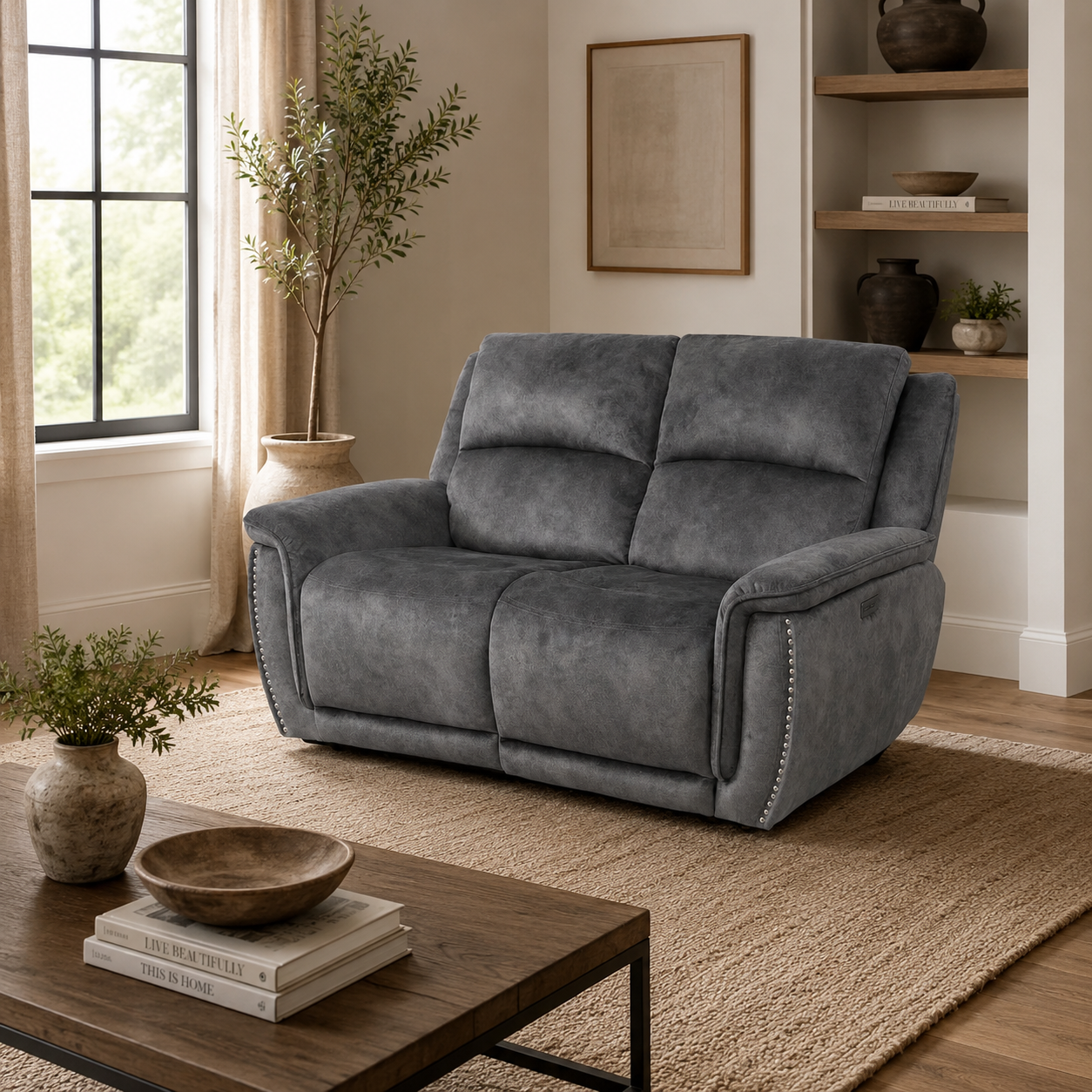 Majestic Grey Lay-Z-Boy Style Fabric Power Recliner 2 Seater Sofa