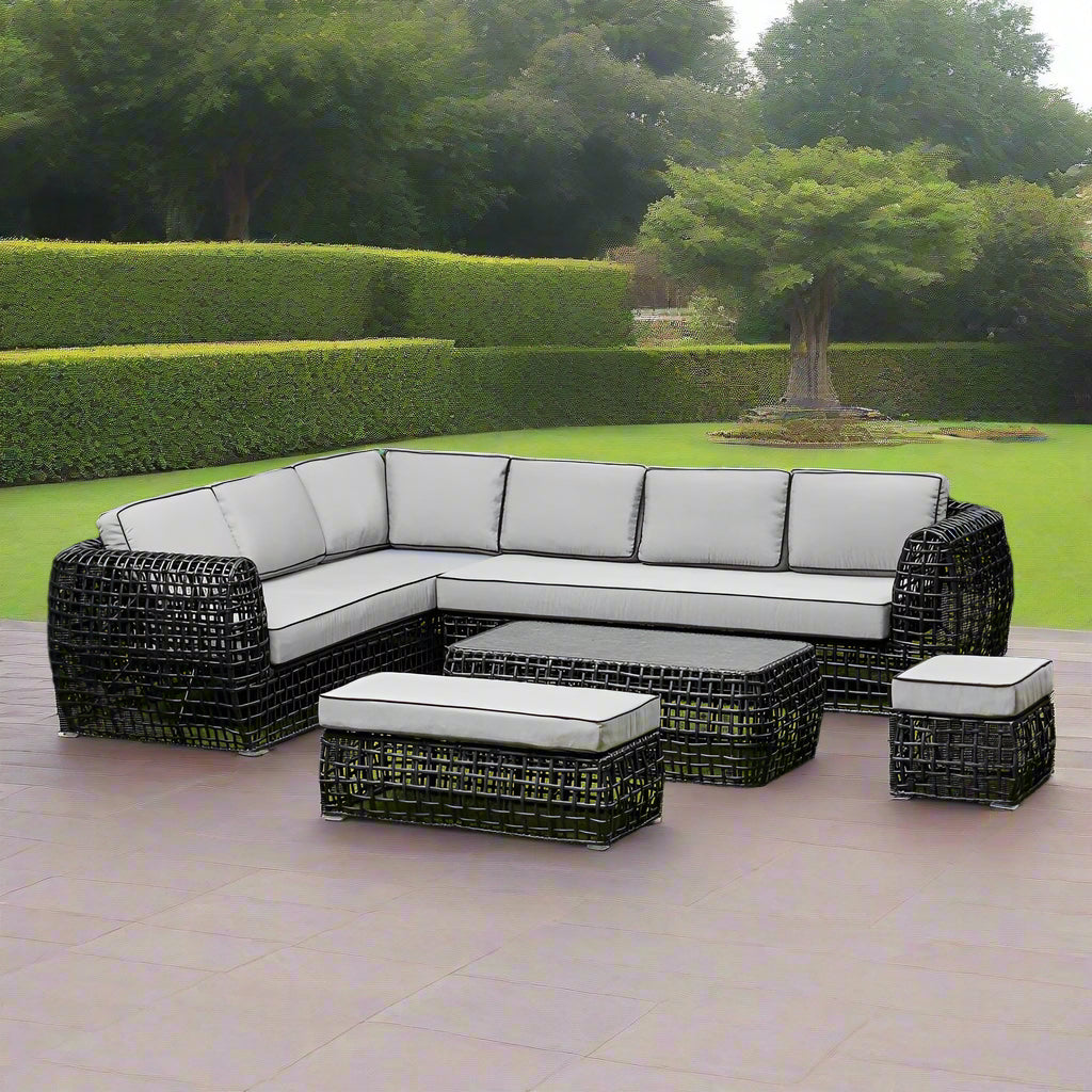 Bali Rattan Corner Sofa And Ceramic Coffee Table With Large And Small Stool