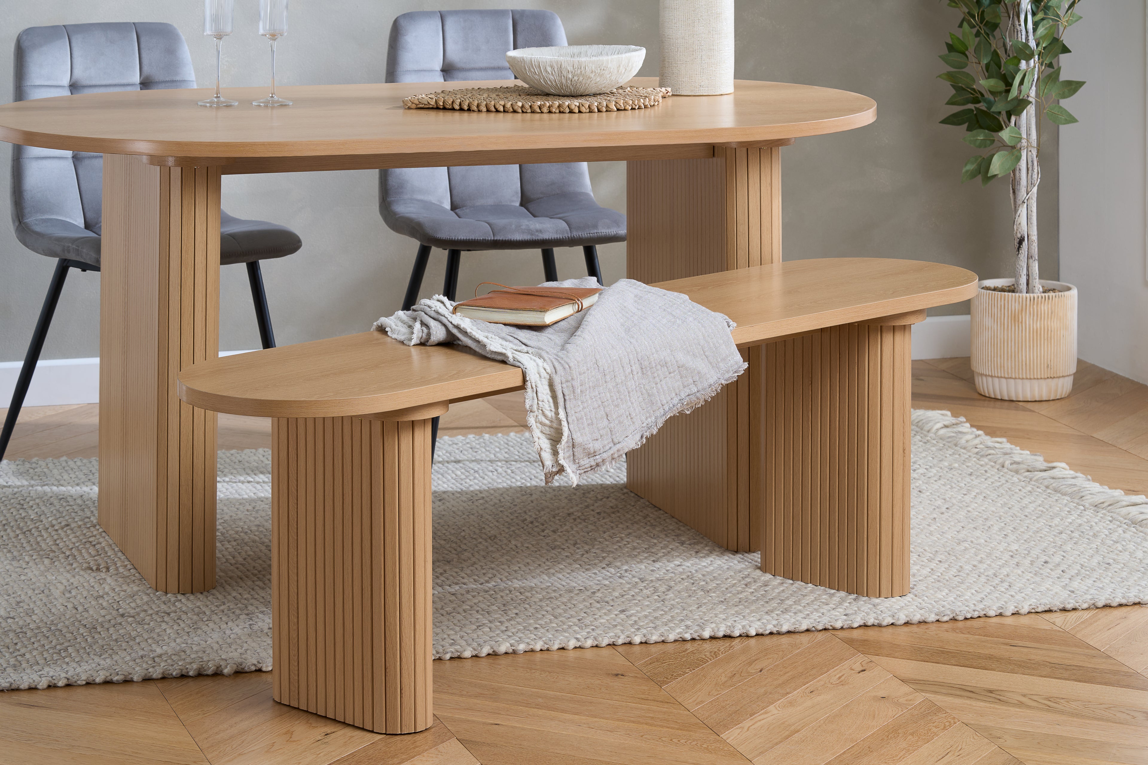 Axel Oval Fluted Dining Table With 2 Chairs And Bench