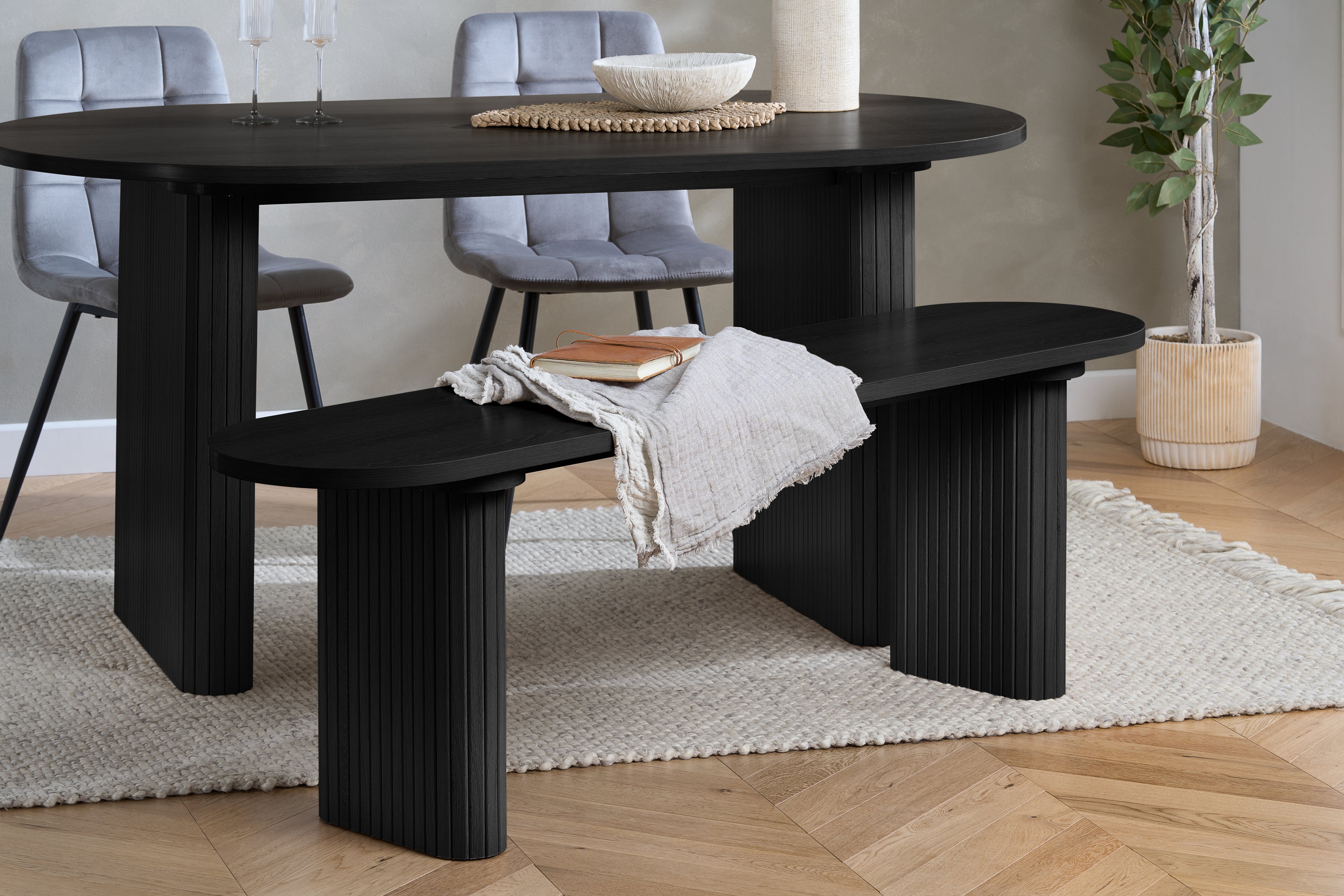 Axel Oval Fluted Dining Table With 2 Chairs And Bench