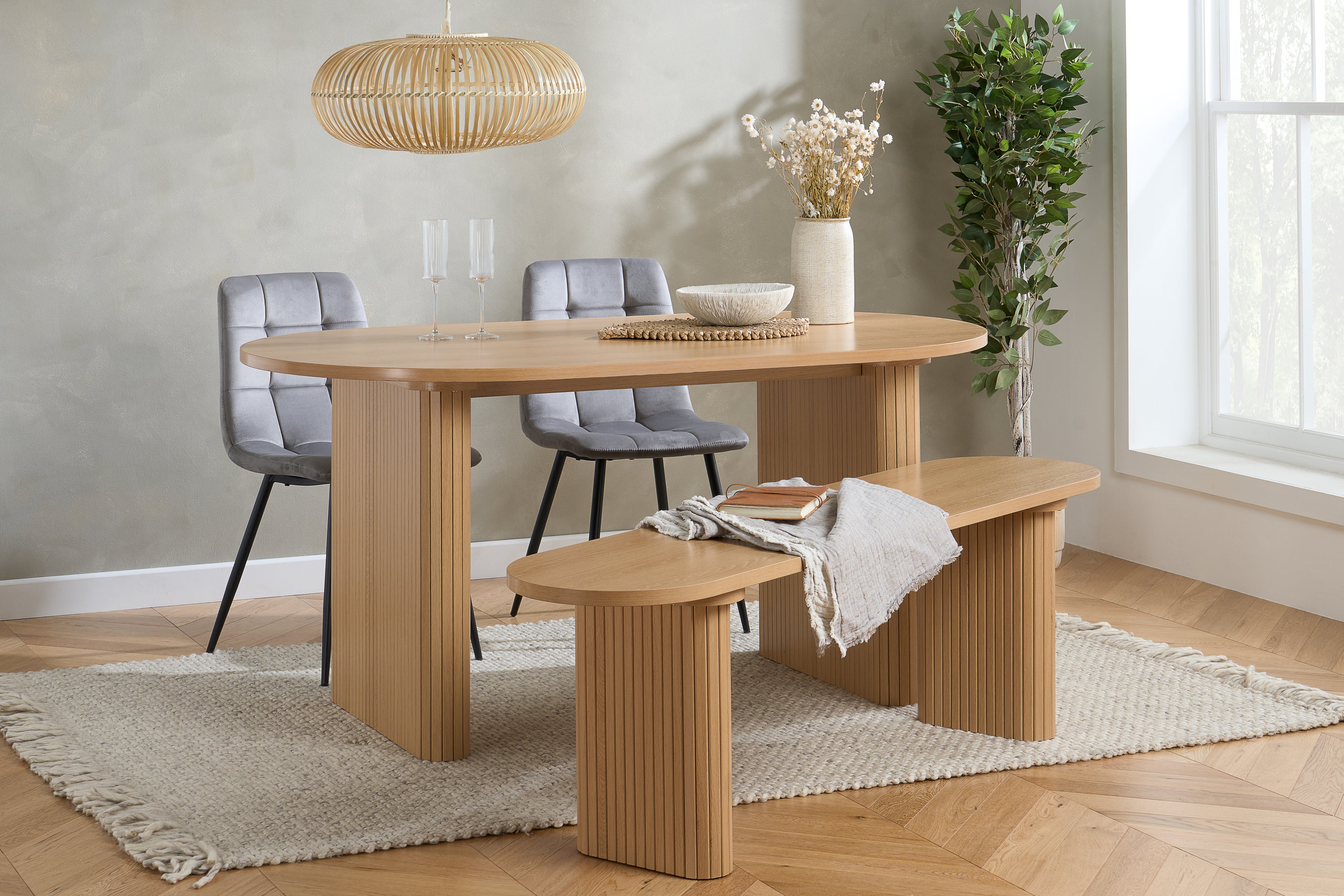 Axel Oval Fluted Dining Table With 2 Chairs And Bench