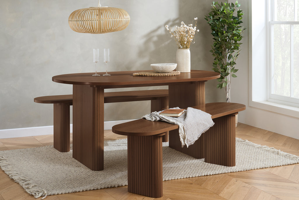 Axel Oval Fluted Dining Table With 2 Chairs And Bench