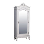 French White Carved Single Door Armoire with Mirrored Door