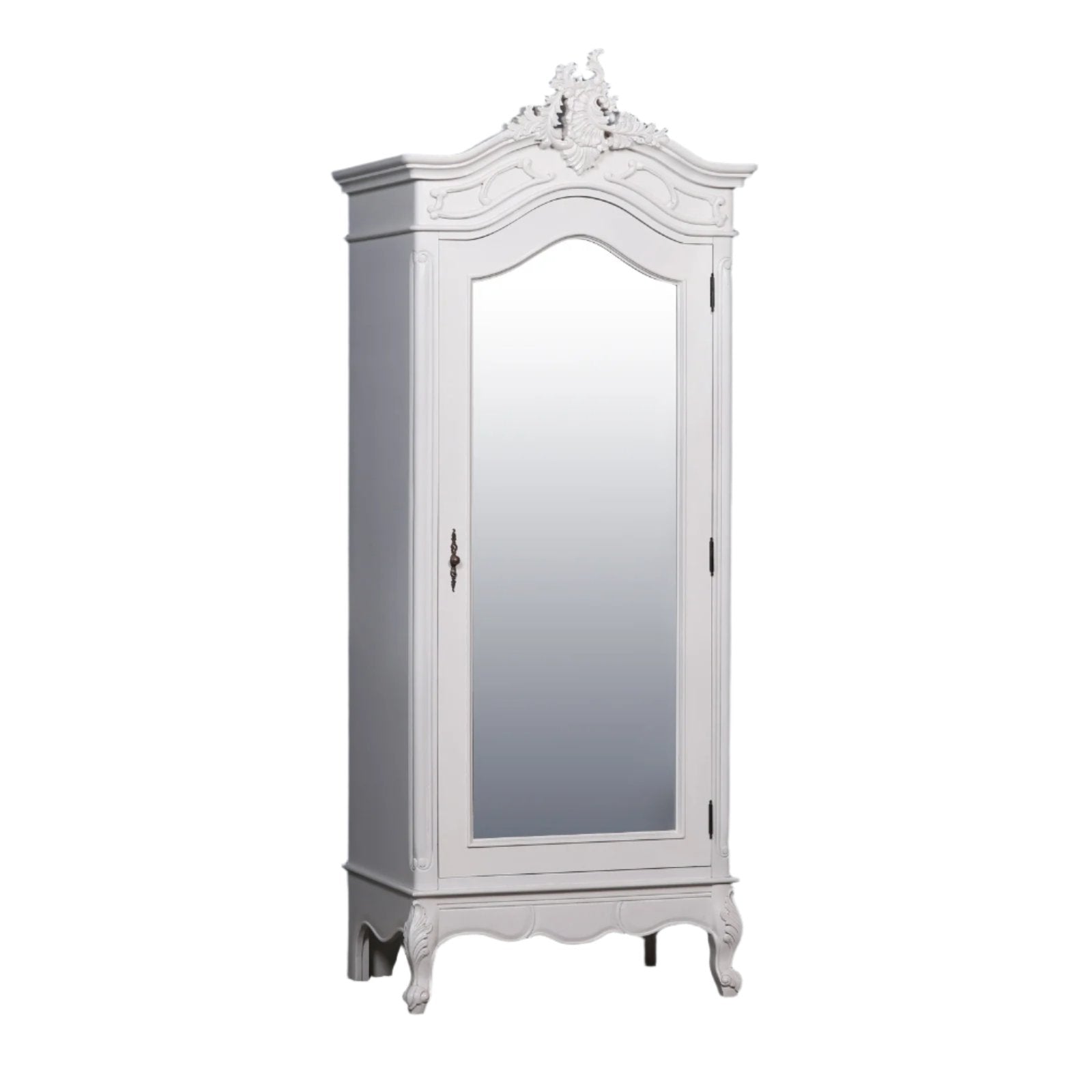 French White Carved Single Door Armoire with Mirrored Door