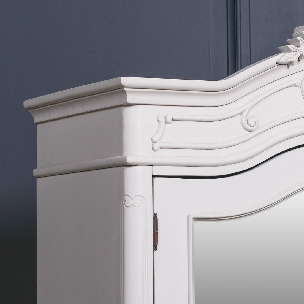 French Style White Carved Double Full Mirrored Armoire