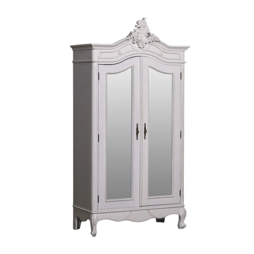 French Style White Carved Double Full Mirrored Armoire