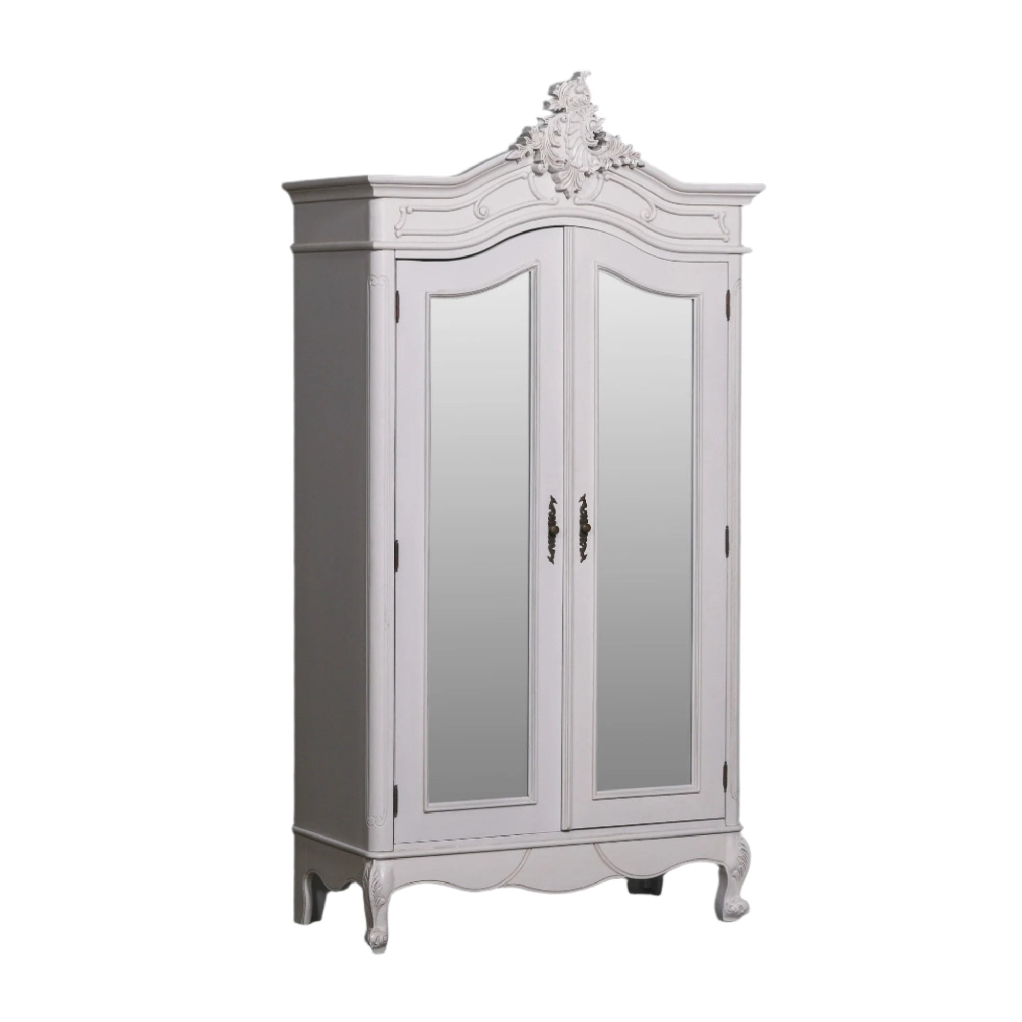 French Style White Carved Double Full Mirrored Armoire
