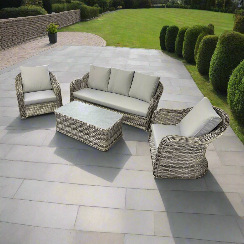 Ascot Beige Rattan Sofa And Arm Chairs With Ceramic Coffee Table