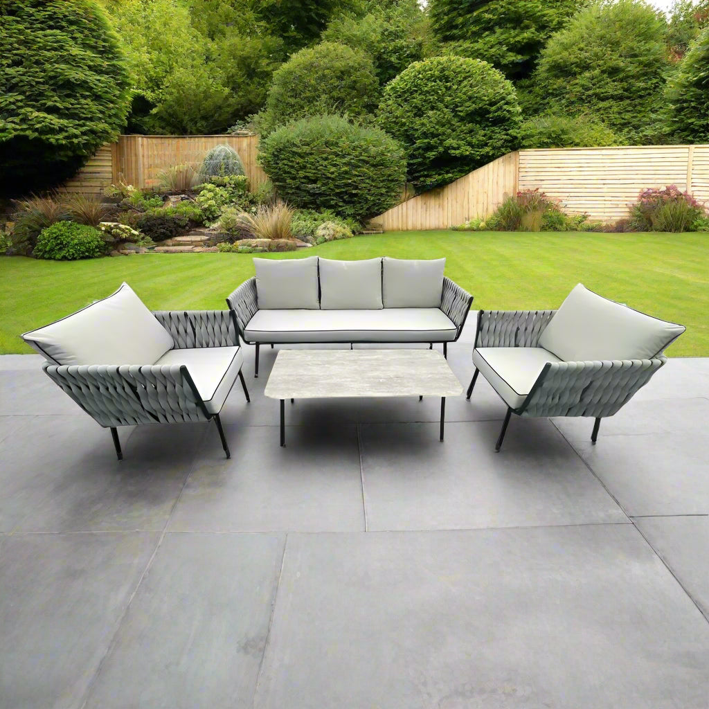 Valencia Aluminum And Rope Sofa Ceramic Coffee Table And Two Arm Chairs