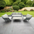 Valencia Aluminum And Rope Sofa Ceramic Coffee Table And Two Arm Chairs