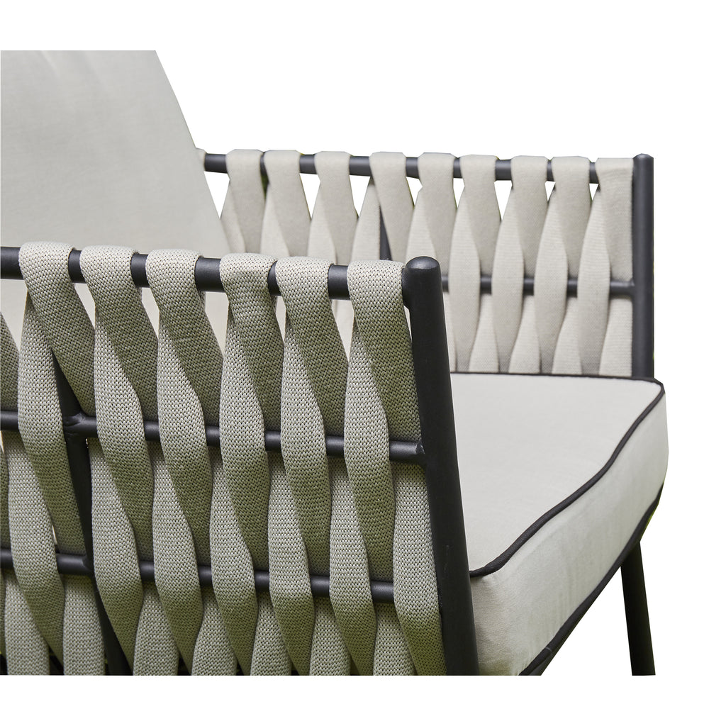 Valencia Aluminum And Rope Sofa Ceramic Coffee Table And Two Arm Chairs