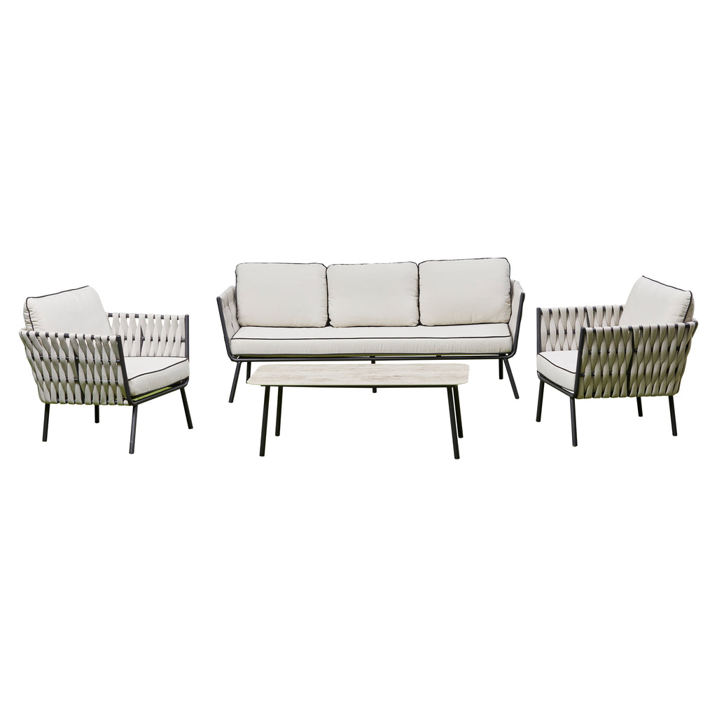 Valencia Aluminum And Rope Sofa Ceramic Coffee Table And Two Arm Chairs