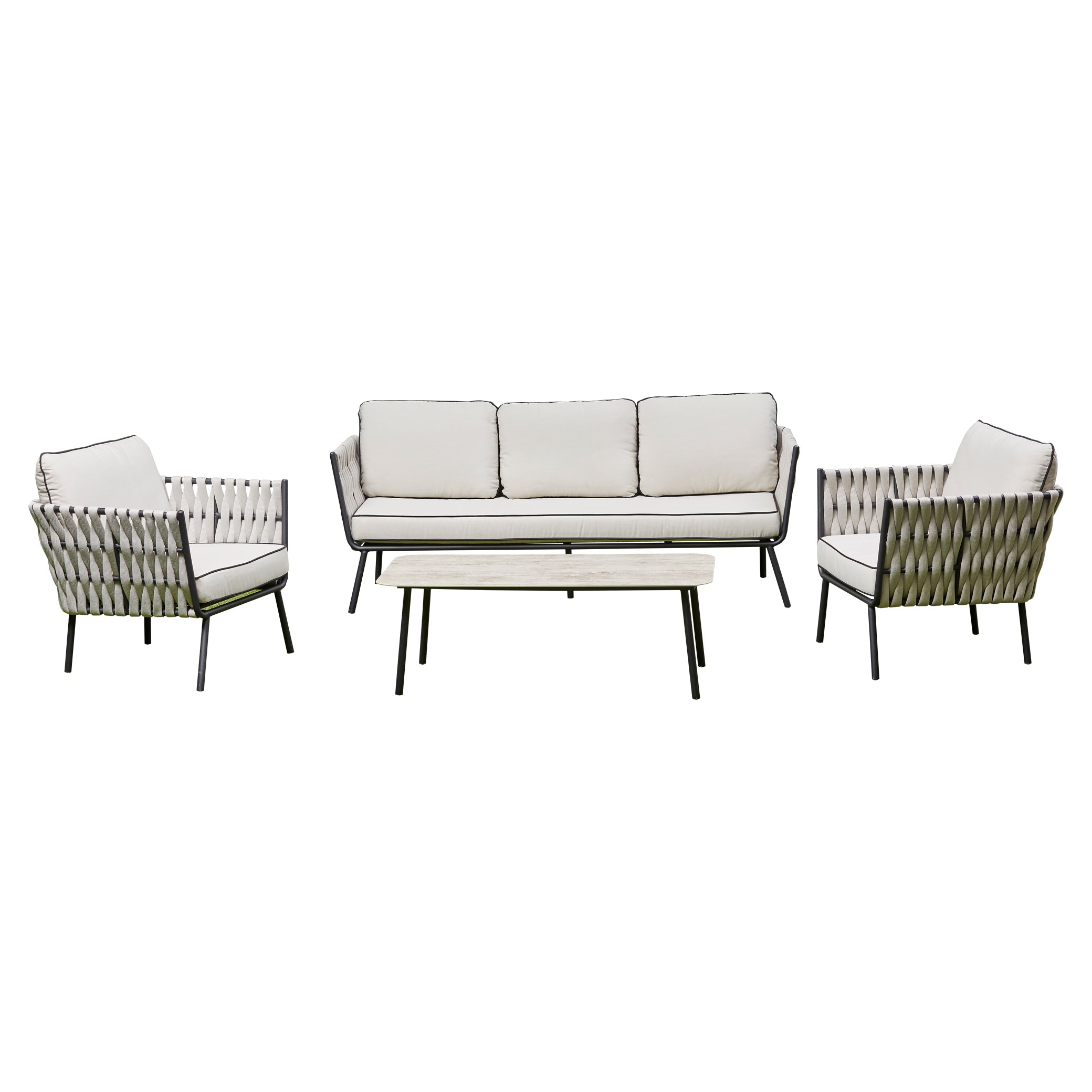 Valencia Aluminum And Rope Sofa Ceramic Coffee Table And Two Arm Chairs