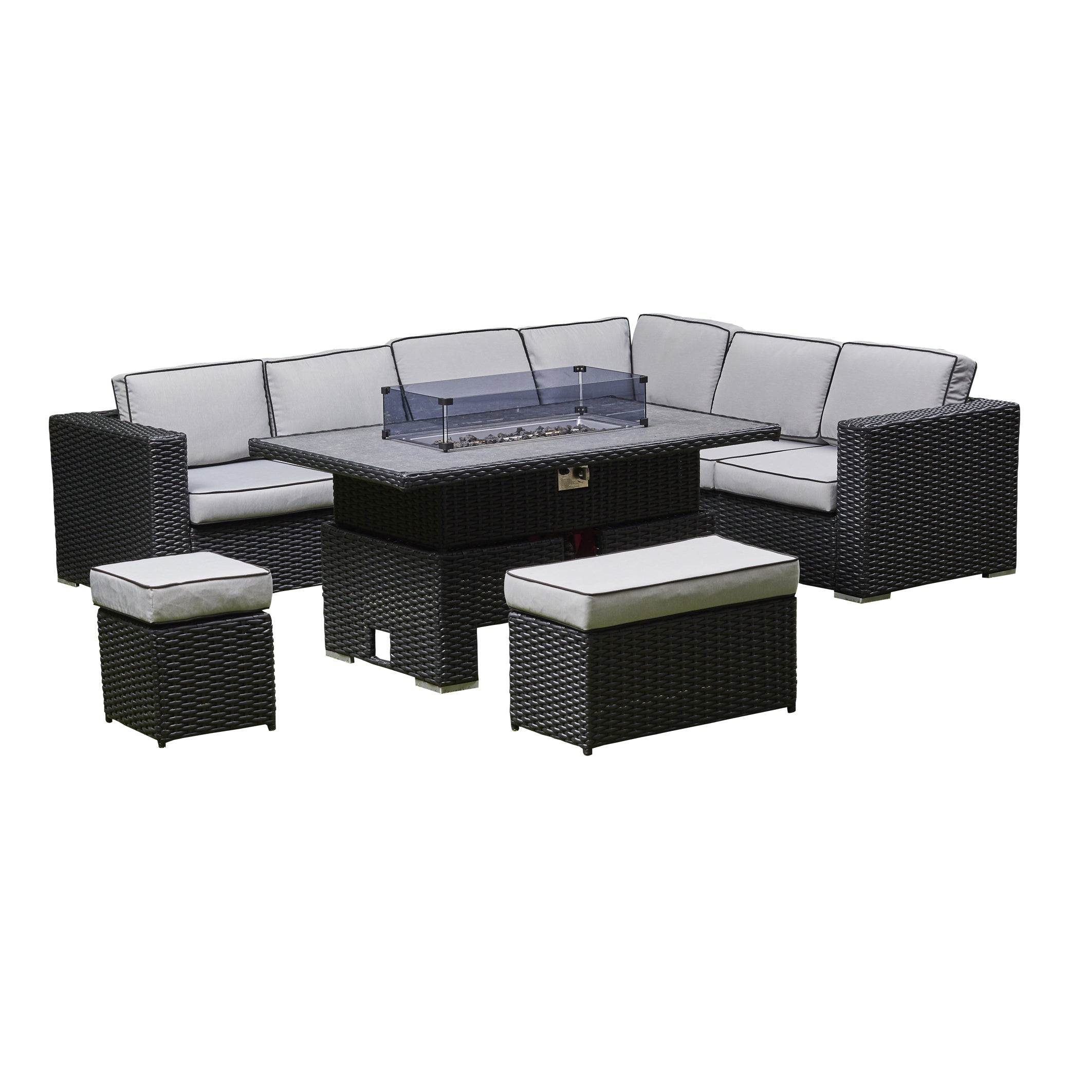 Monaco Rattan Corner Sofa Firepit Adjustable Table And Two Stools