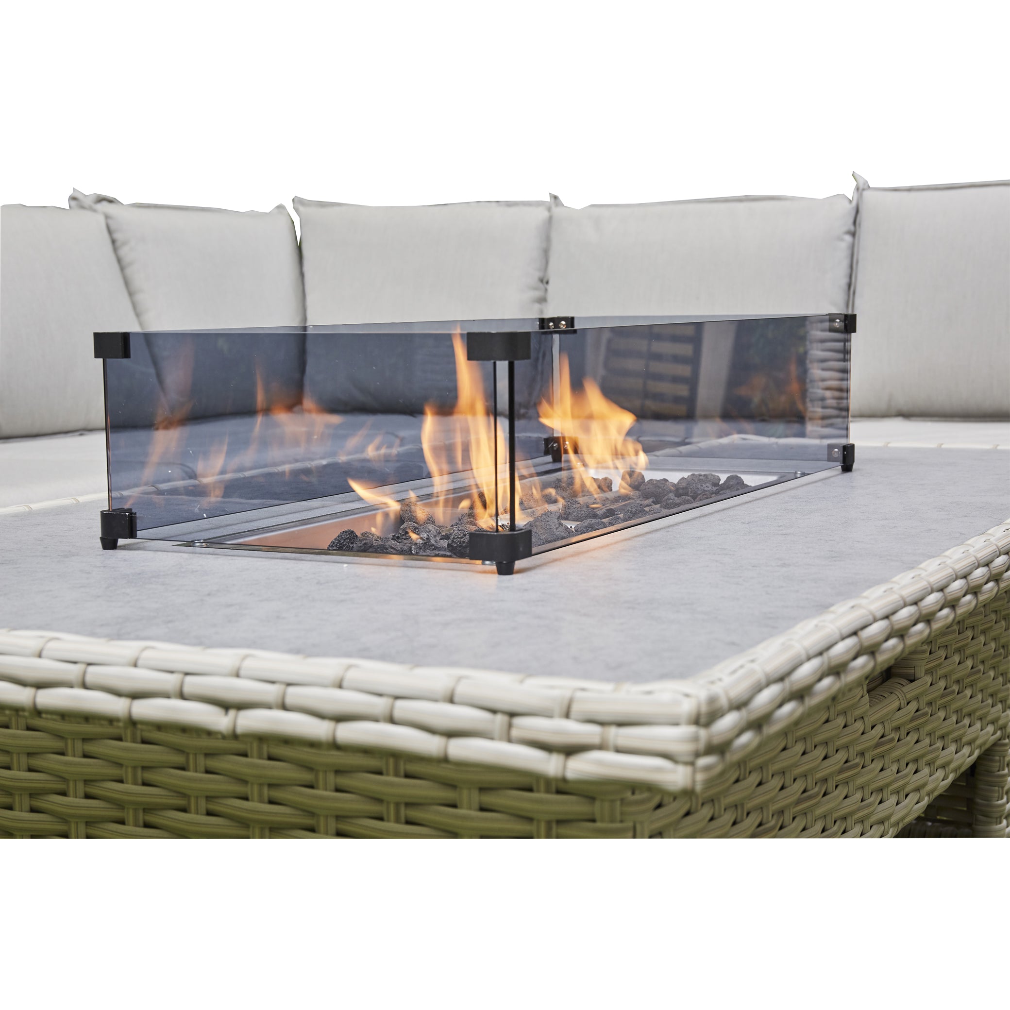 Sorrento Rattan Corner Sofa And Adjustable Fire Pit Table With Large And Small Bench