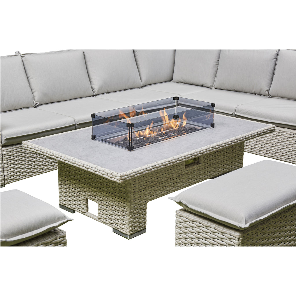 Sorrento Rattan Corner Sofa And Adjustable Fire Pit Table With Large And Small Bench